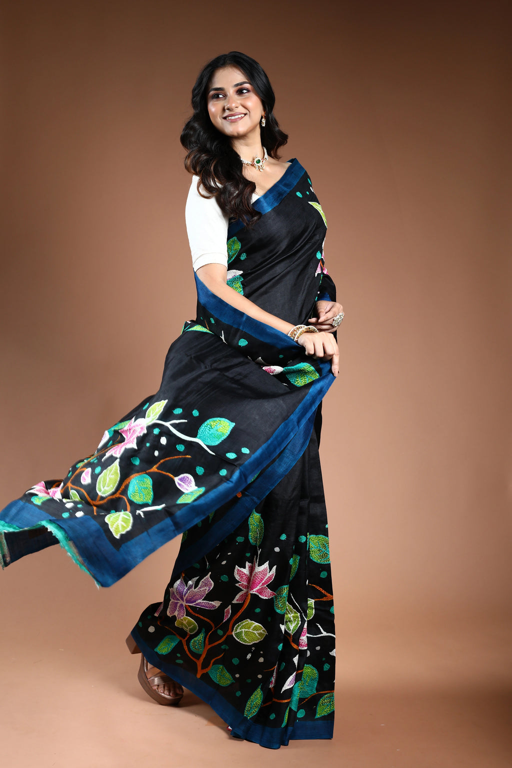 Black Murshidabad Silk katha work Saree with Blouse Piece