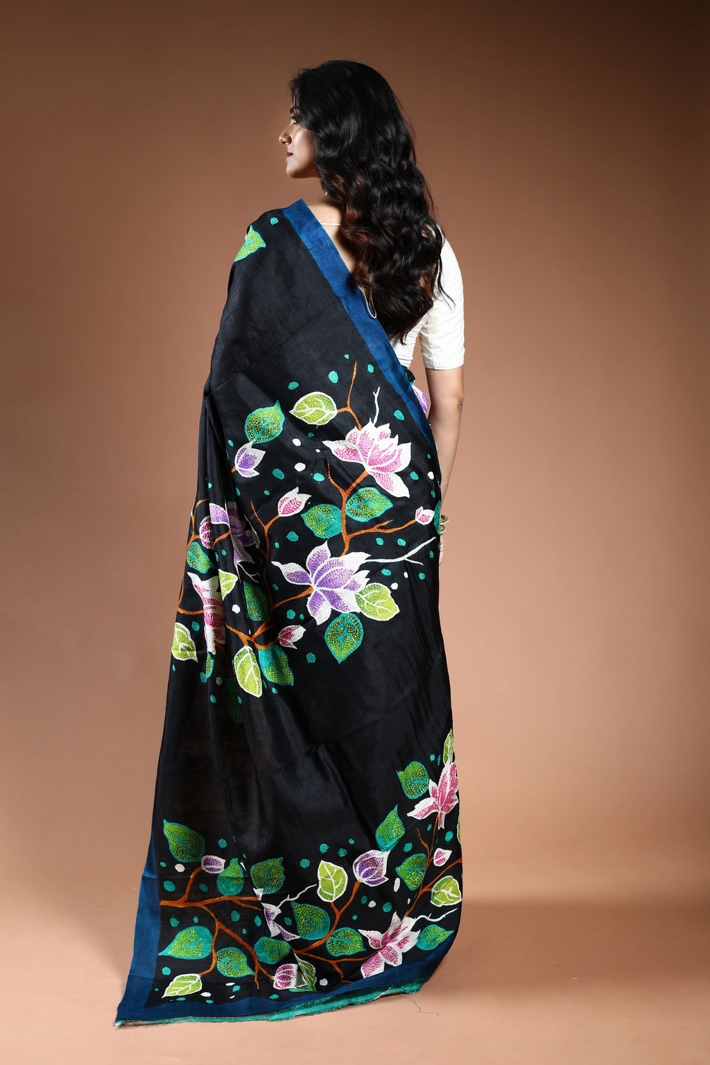 Black Murshidabad Silk katha work Saree with Blouse Piece