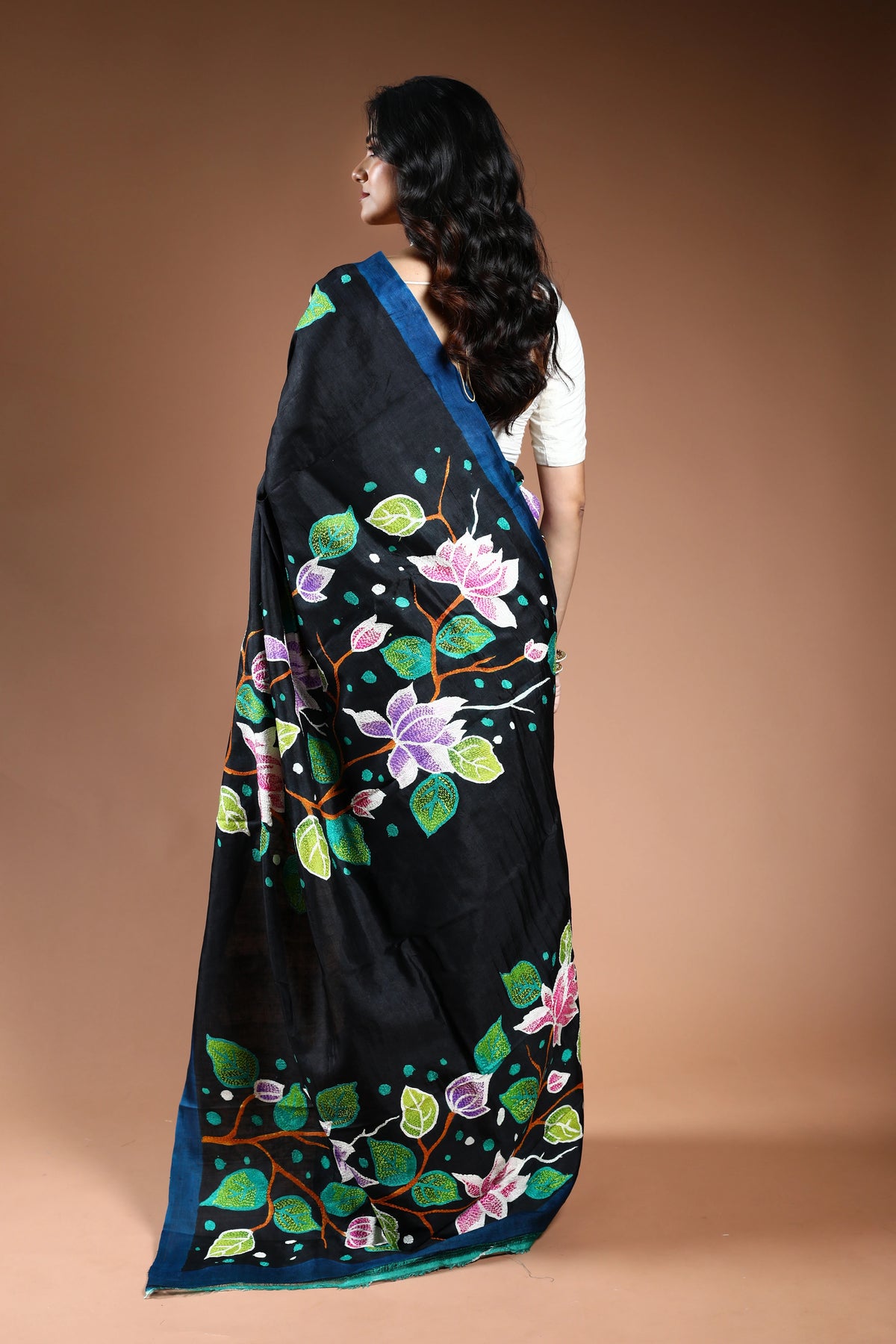 Black Murshidabad Silk katha work Saree with Blouse Piece