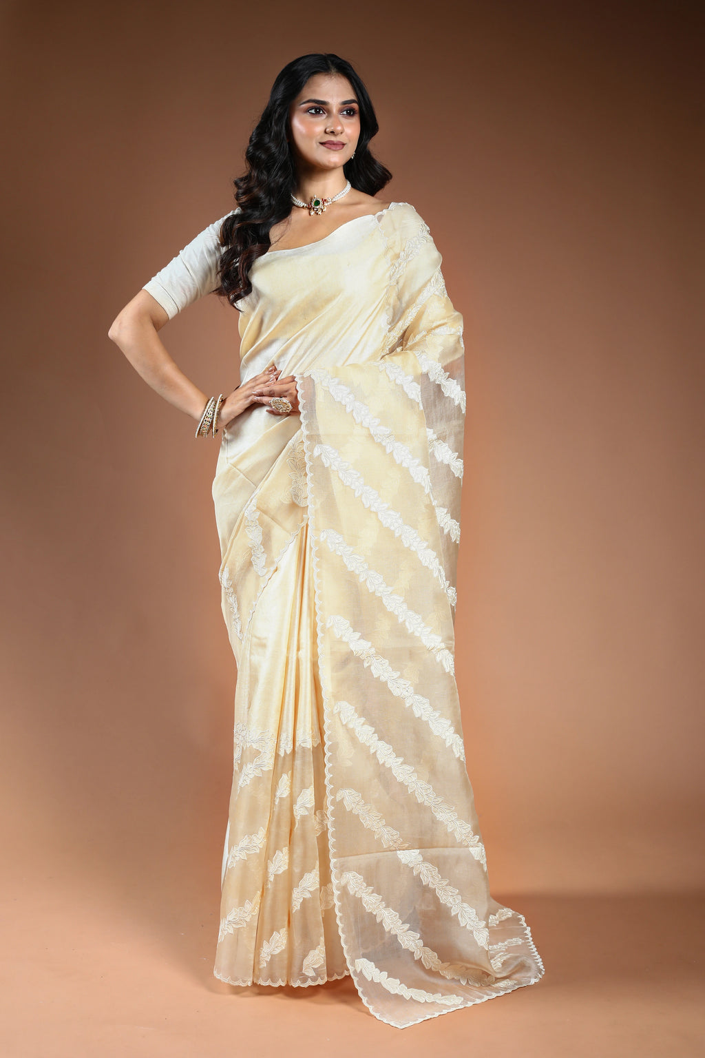 Offwhite Organza applique work Saree with Blouse Piece