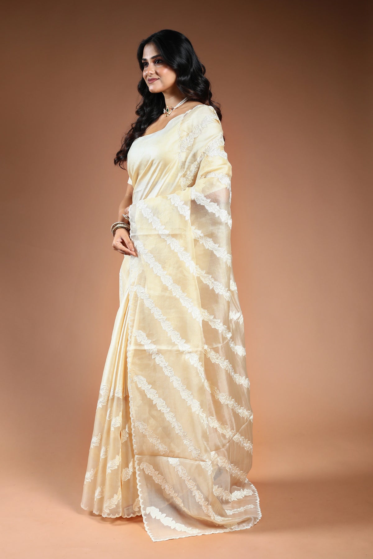 Offwhite Organza applique work Saree with Blouse Piece