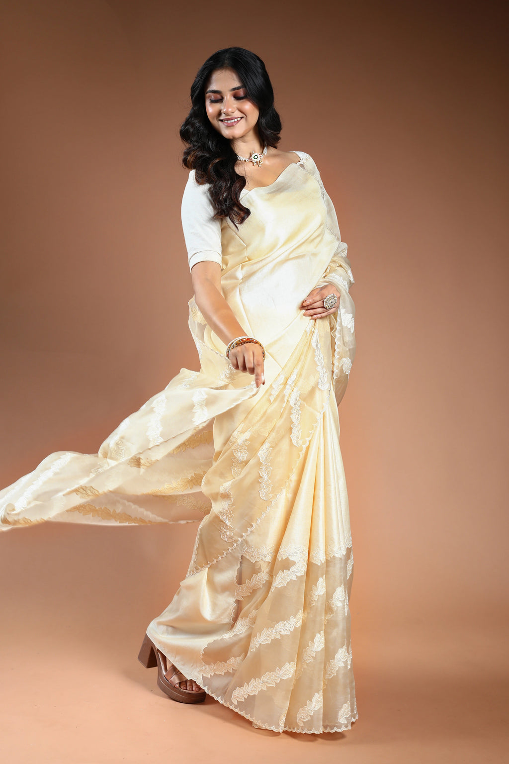 Offwhite Organza applique work Saree with Blouse Piece