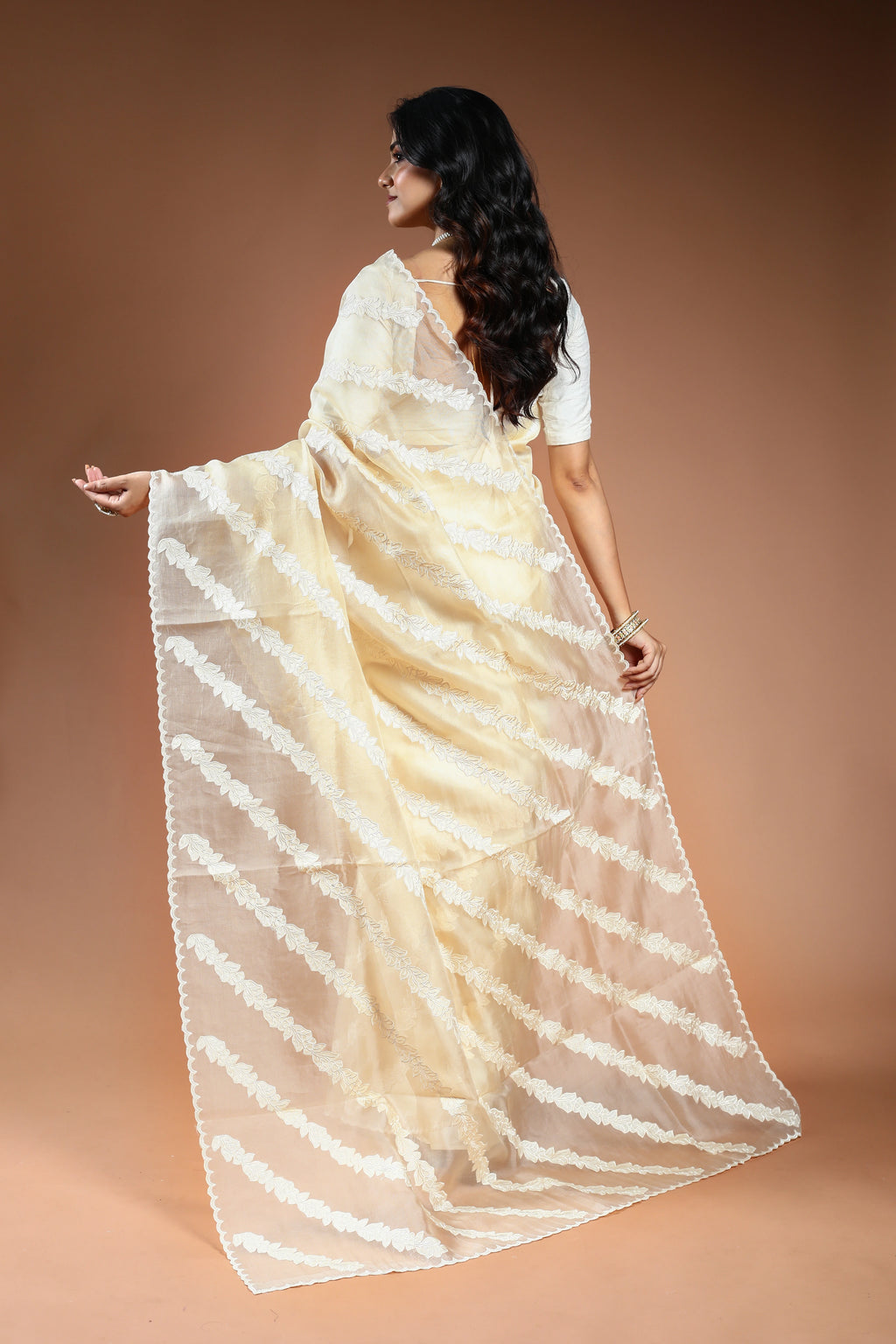 Offwhite Organza applique work Saree with Blouse Piece