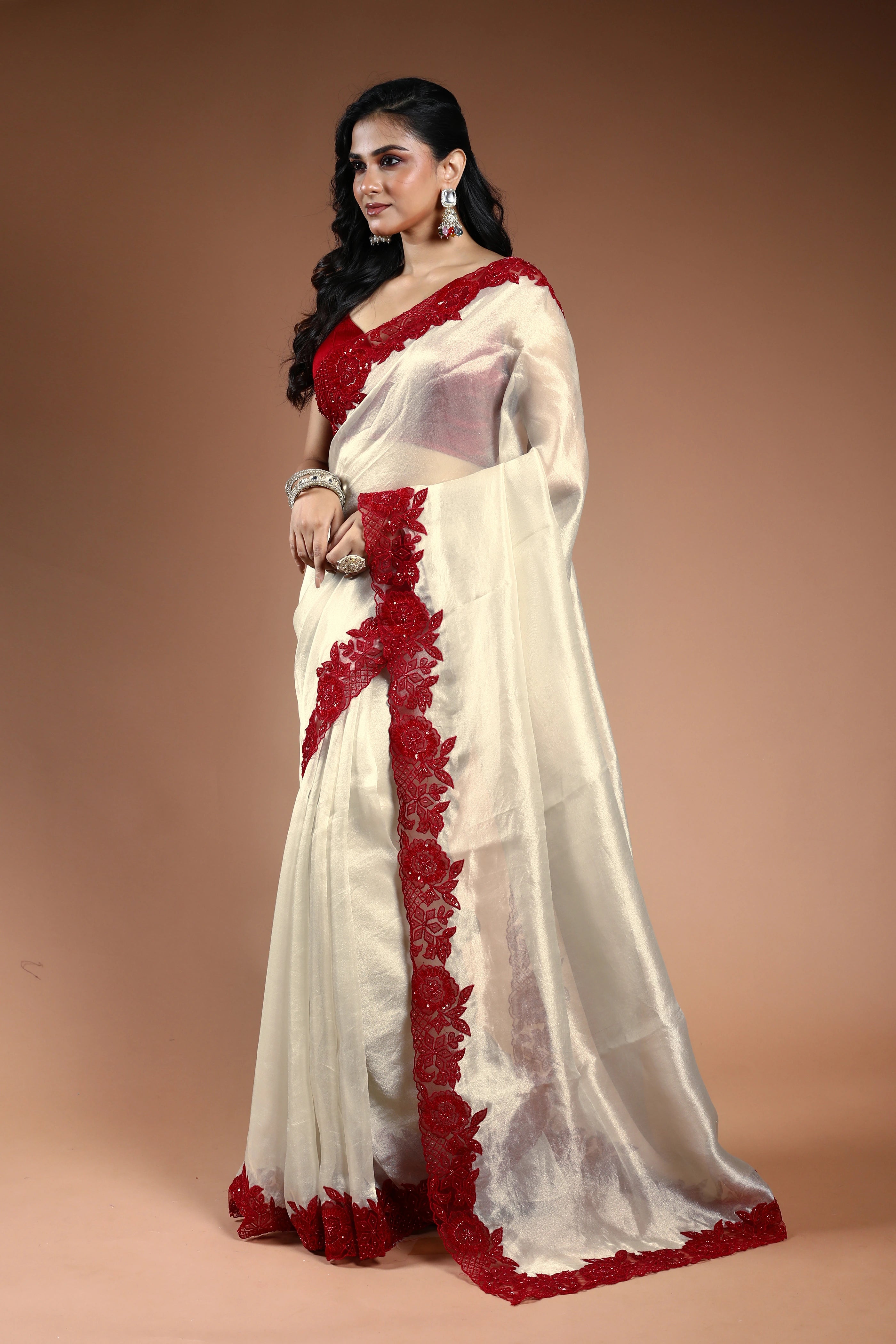 Offwhite Pure organza Saree with Blouse Piece
