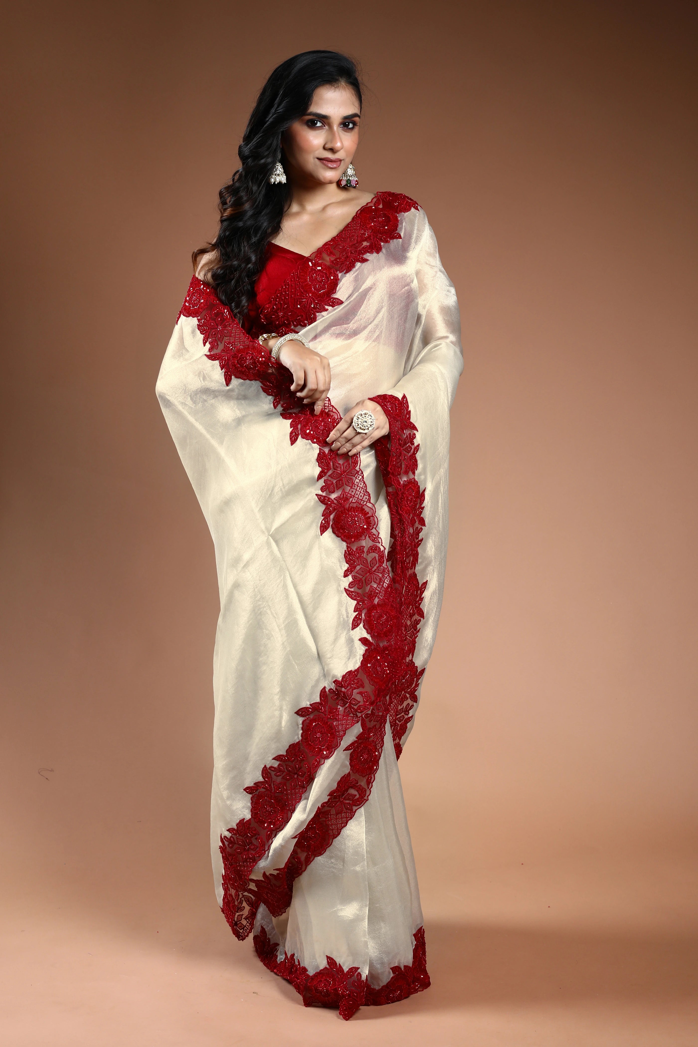 Offwhite Pure organza Saree with Blouse Piece