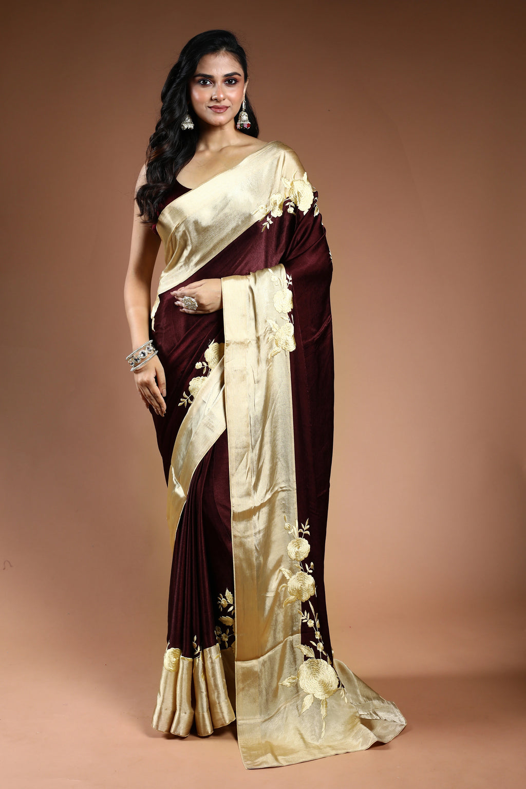 Chocolate Crepe Satin Saree with Blouse Piece