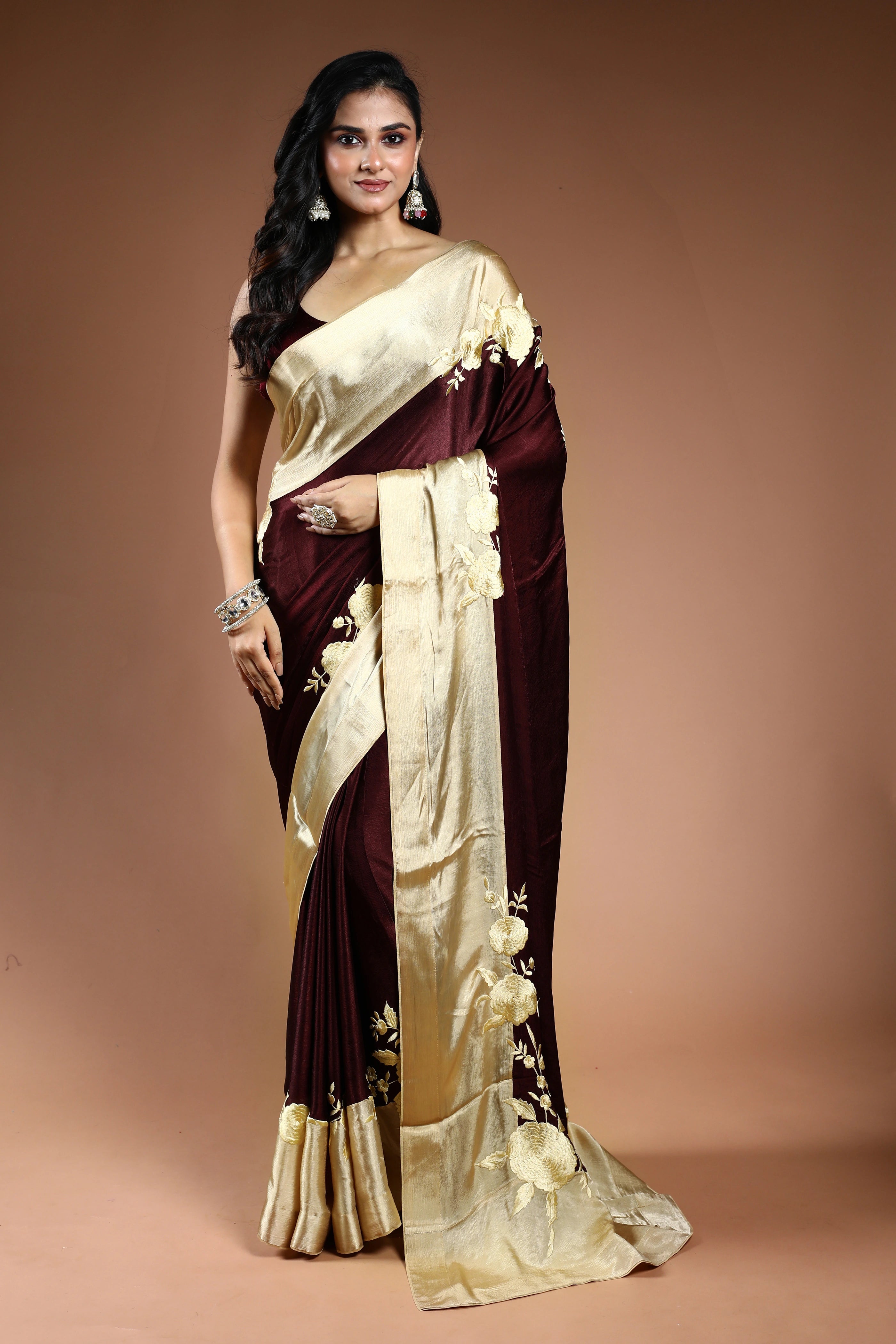 Chocolate Crepe Satin Saree with Blouse Piece