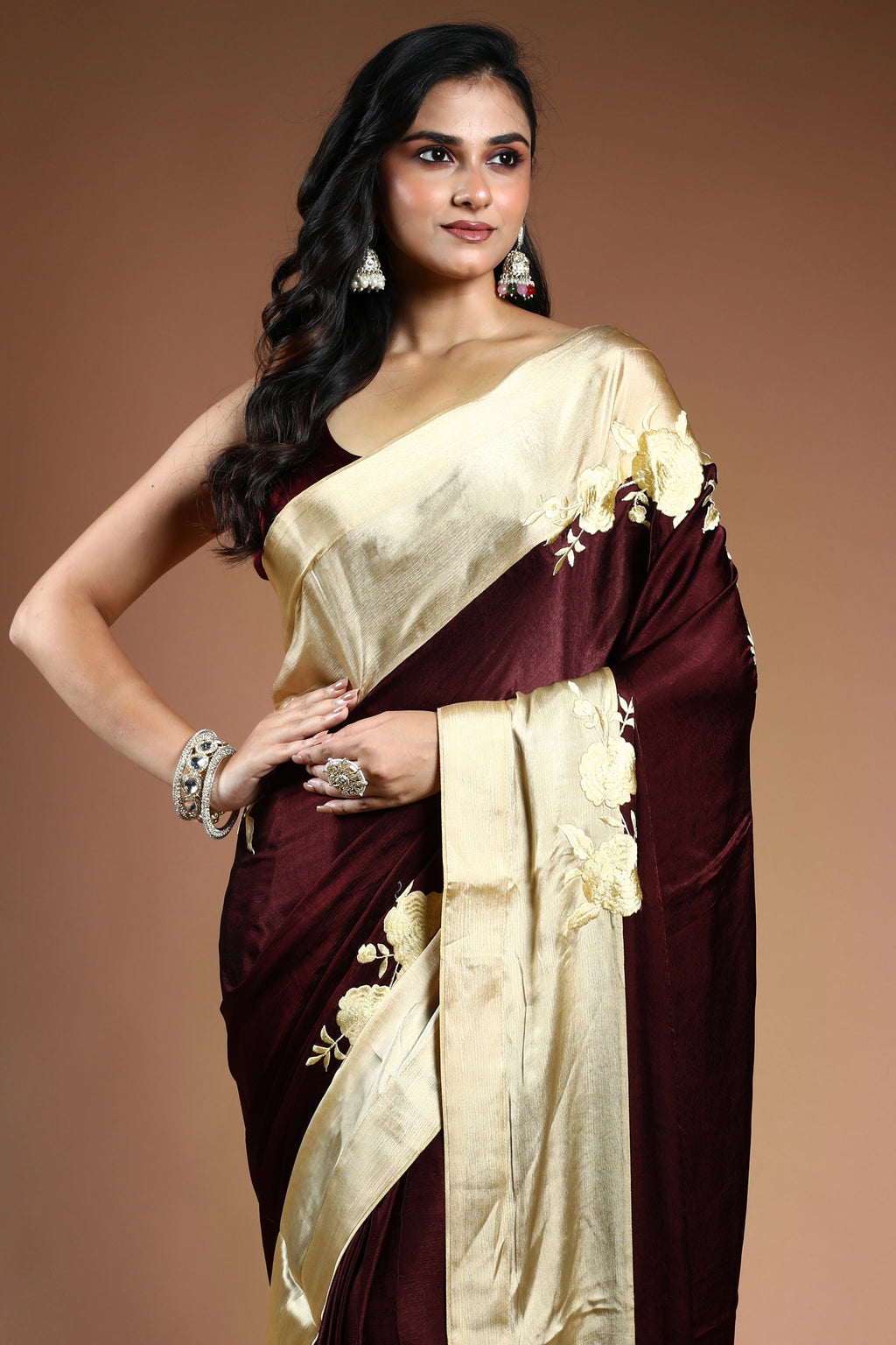 Chocolate Crepe Satin Saree with Blouse Piece