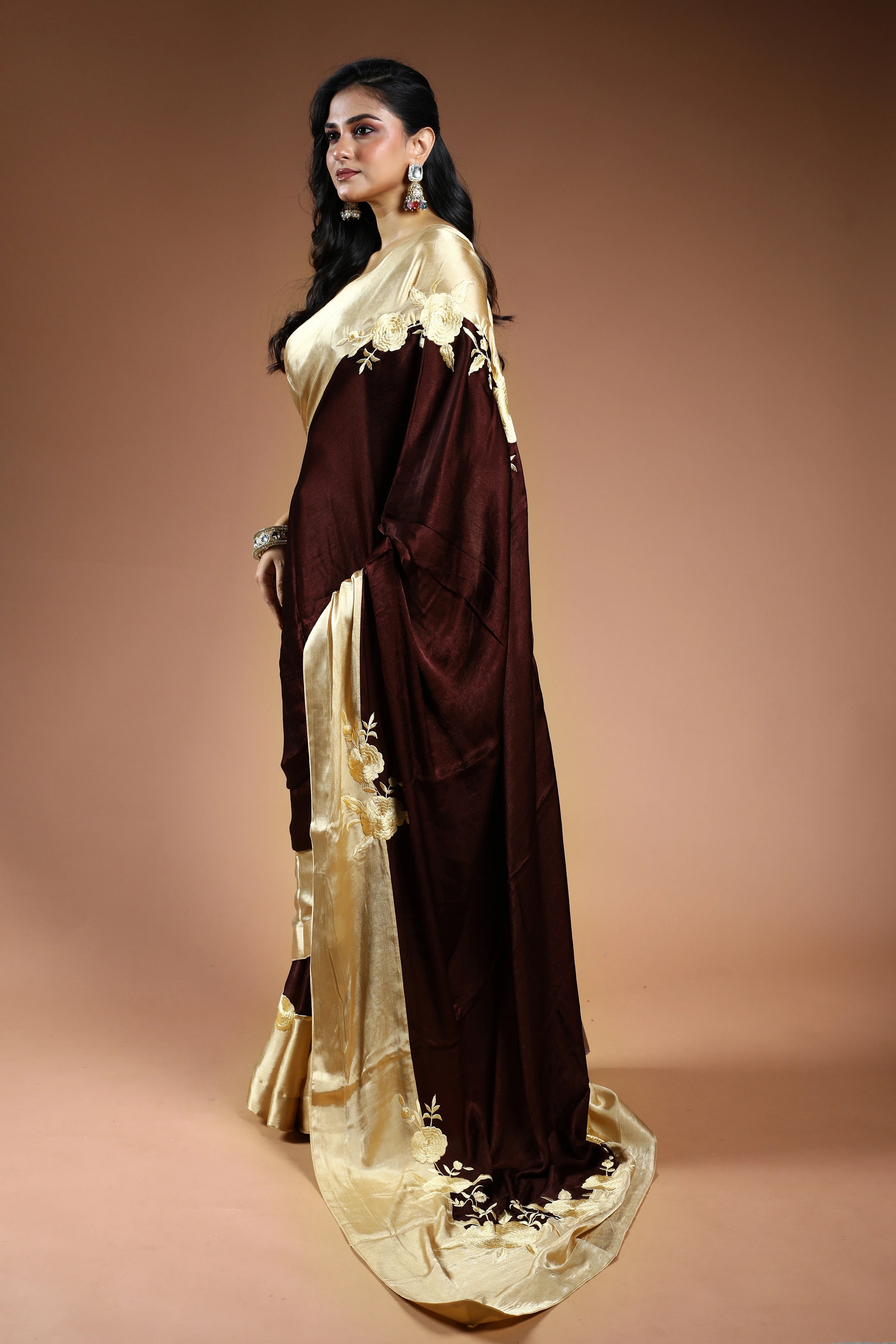 Chocolate Crepe Satin Saree with Blouse Piece