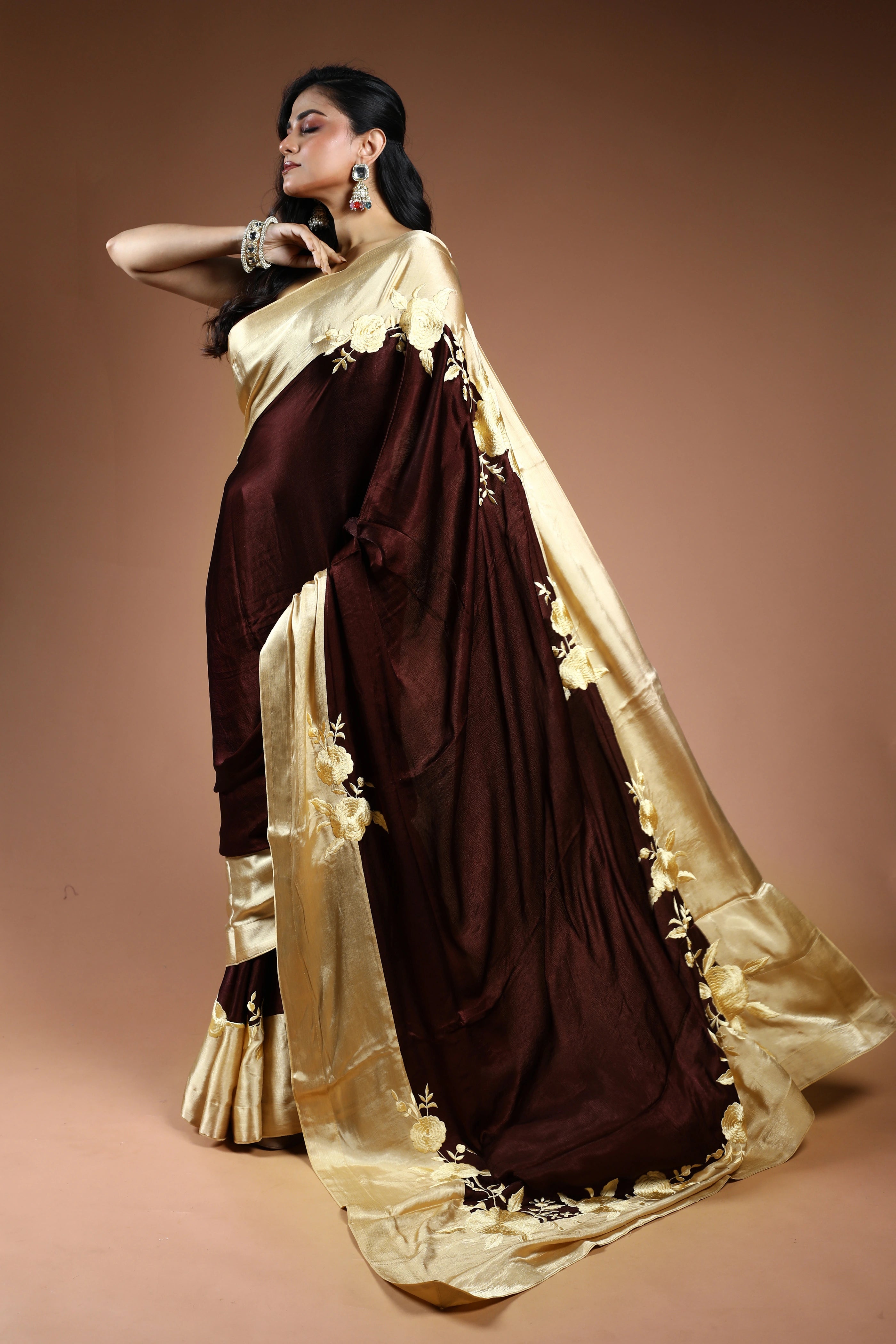 Chocolate Crepe Satin Saree with Blouse Piece