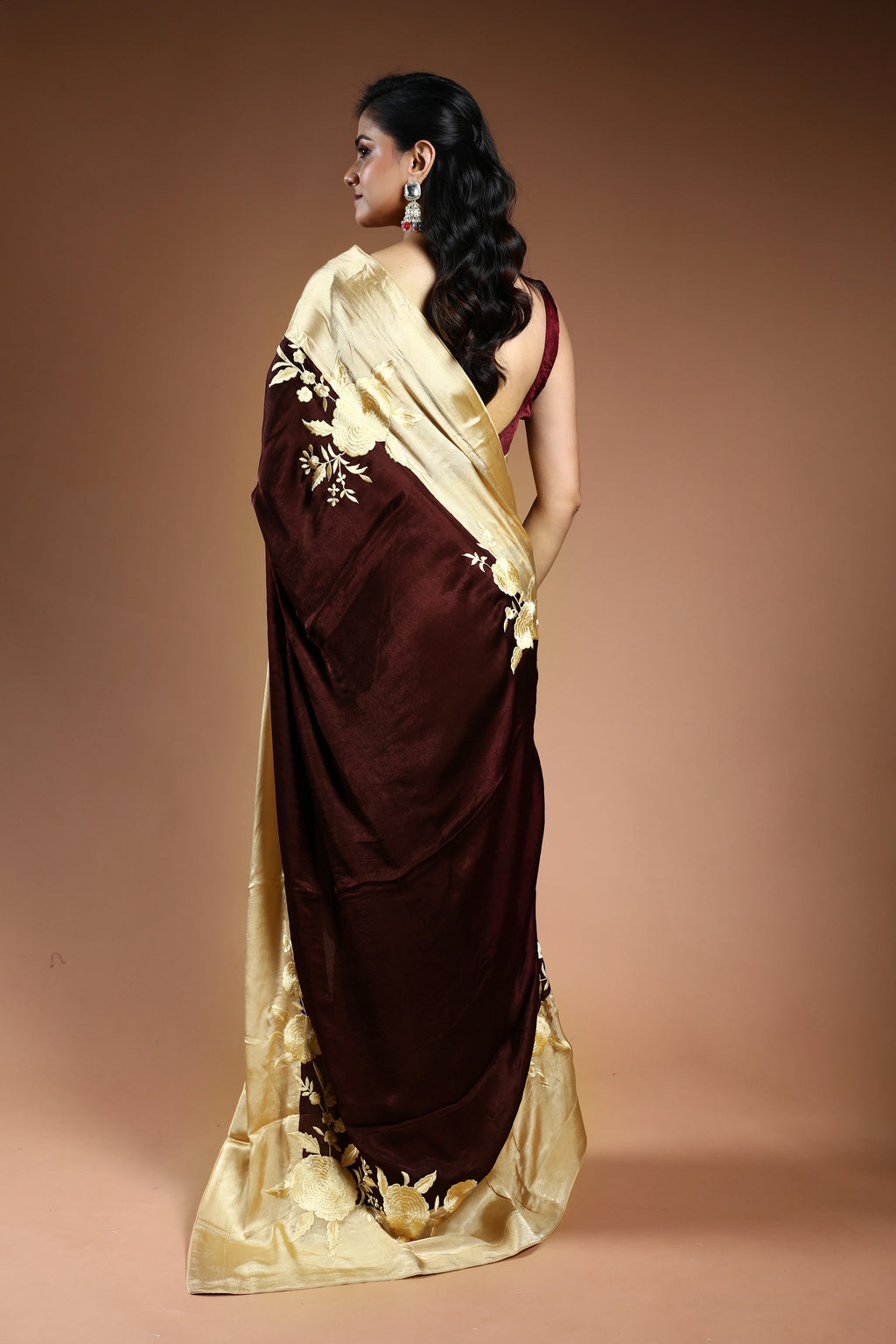 Chocolate Crepe Satin Saree with Blouse Piece