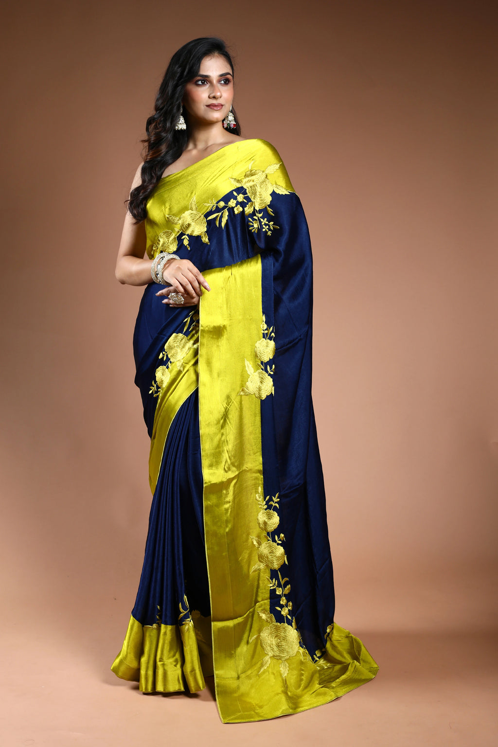 Royal Blue Crepe Satin Saree with Blouse Piece