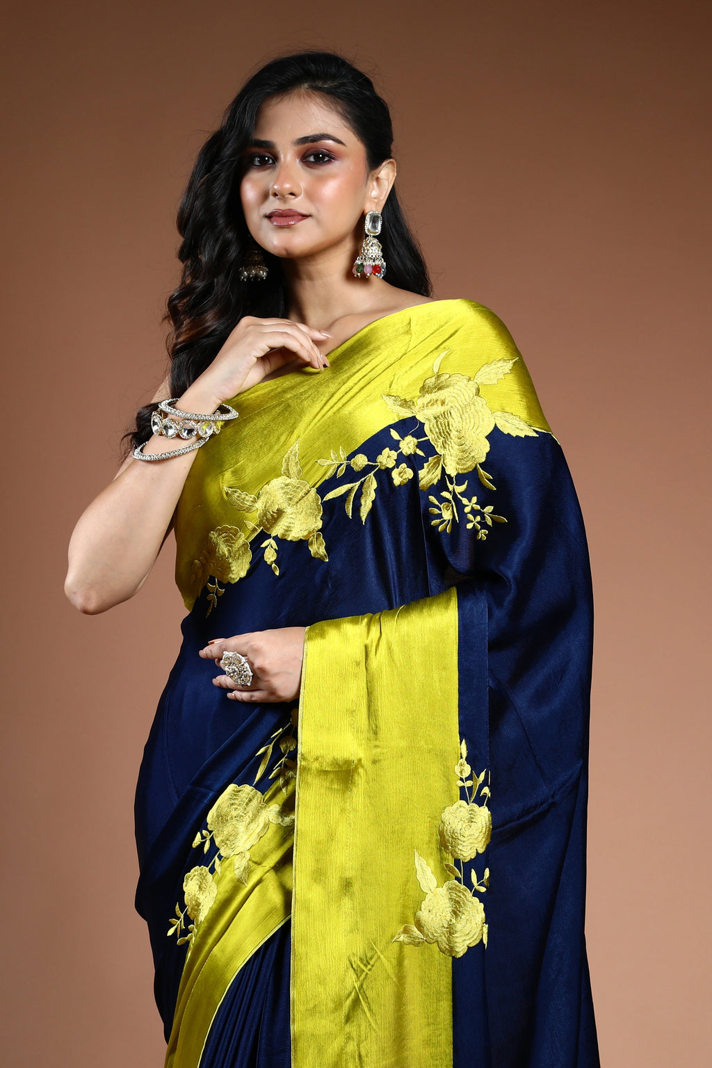 Royal Blue Crepe Satin Saree with Blouse Piece
