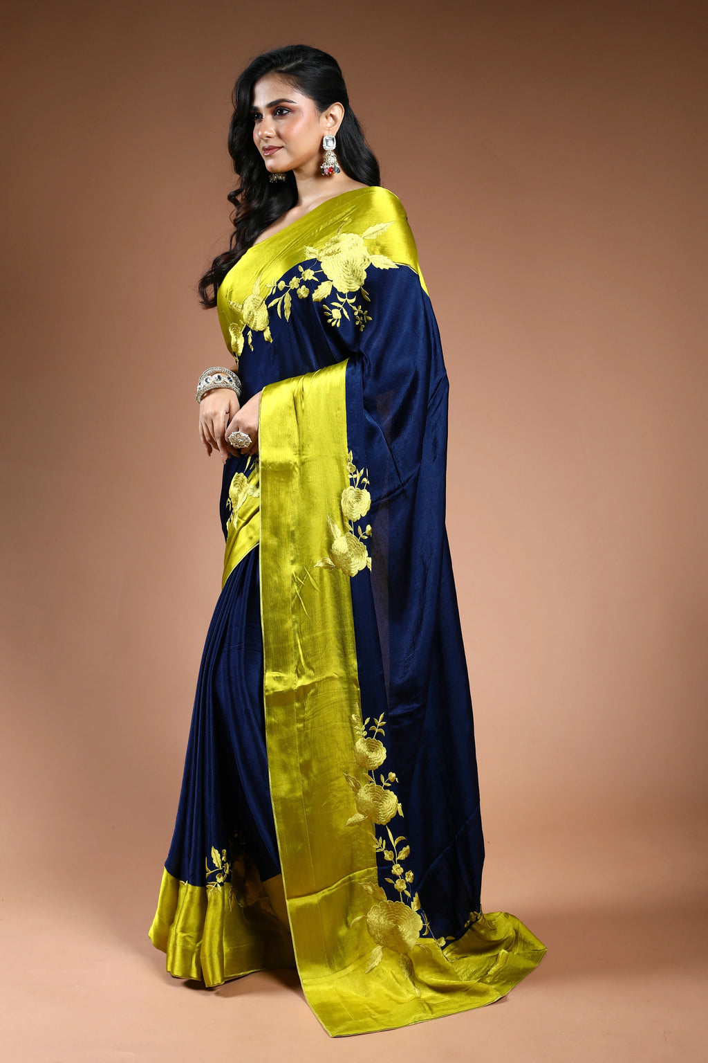 Royal Blue Crepe Satin Saree with Blouse Piece