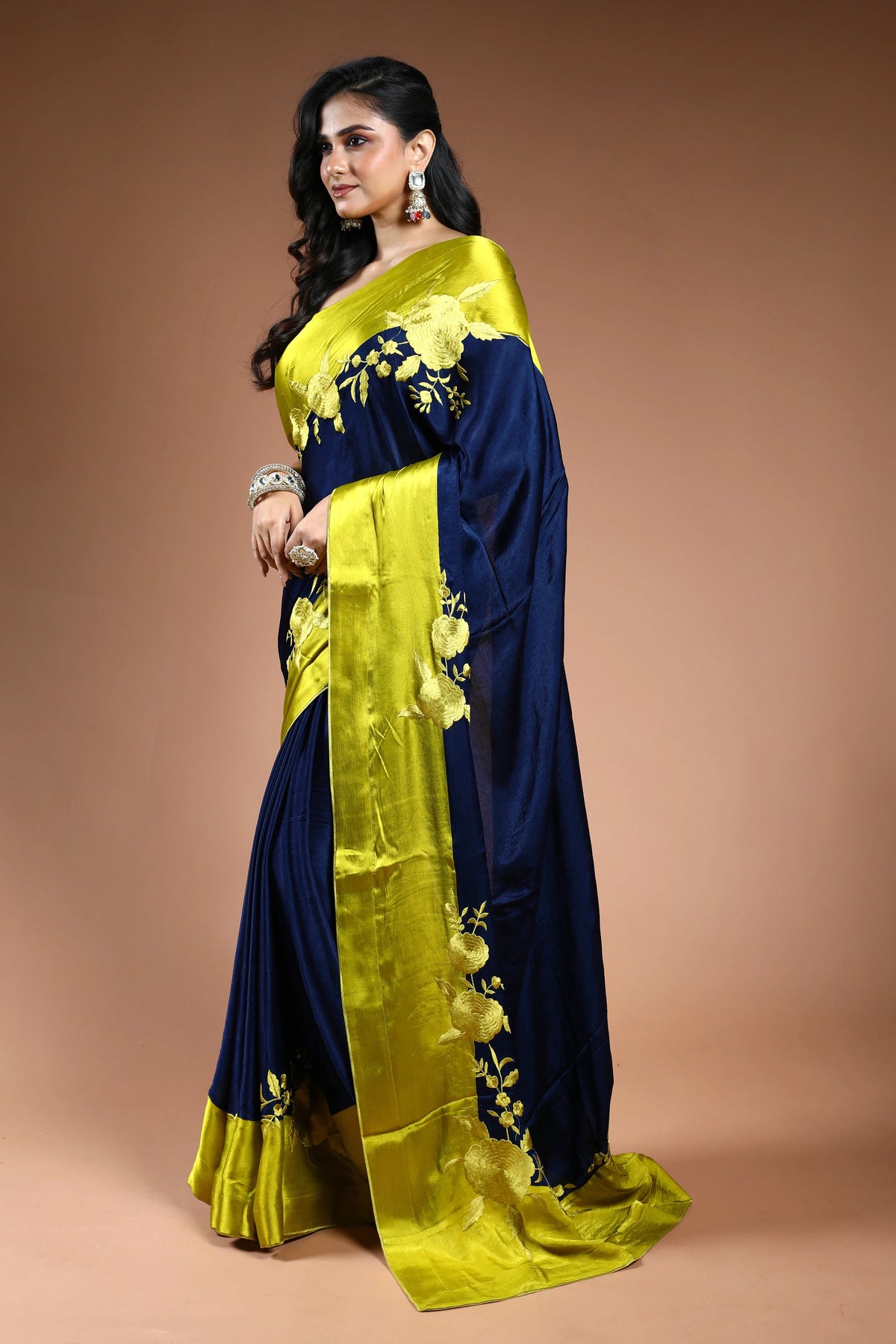 Royal Blue Crepe Satin Saree with Blouse Piece