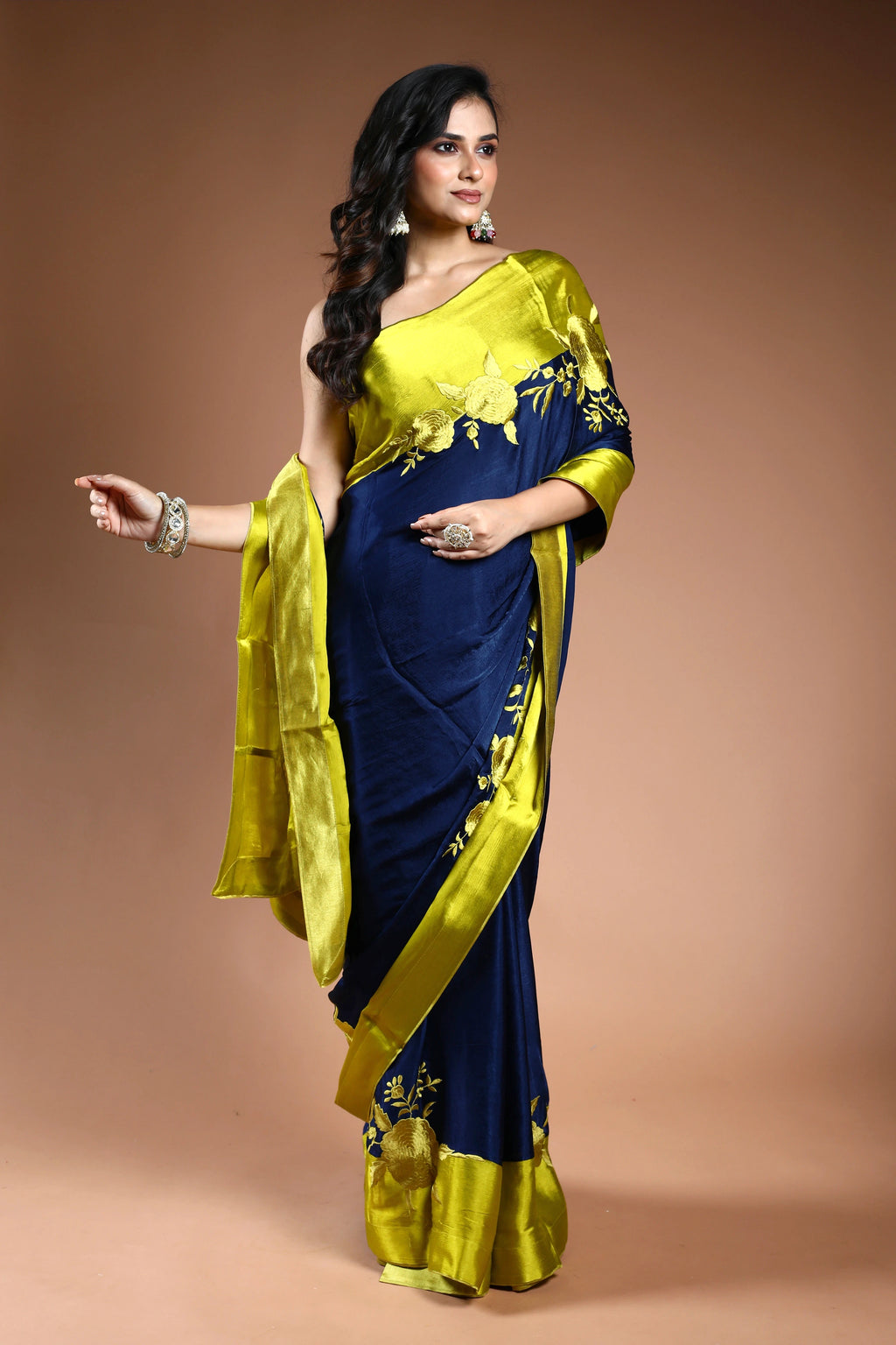 Royal Blue Crepe Satin Saree with Blouse Piece