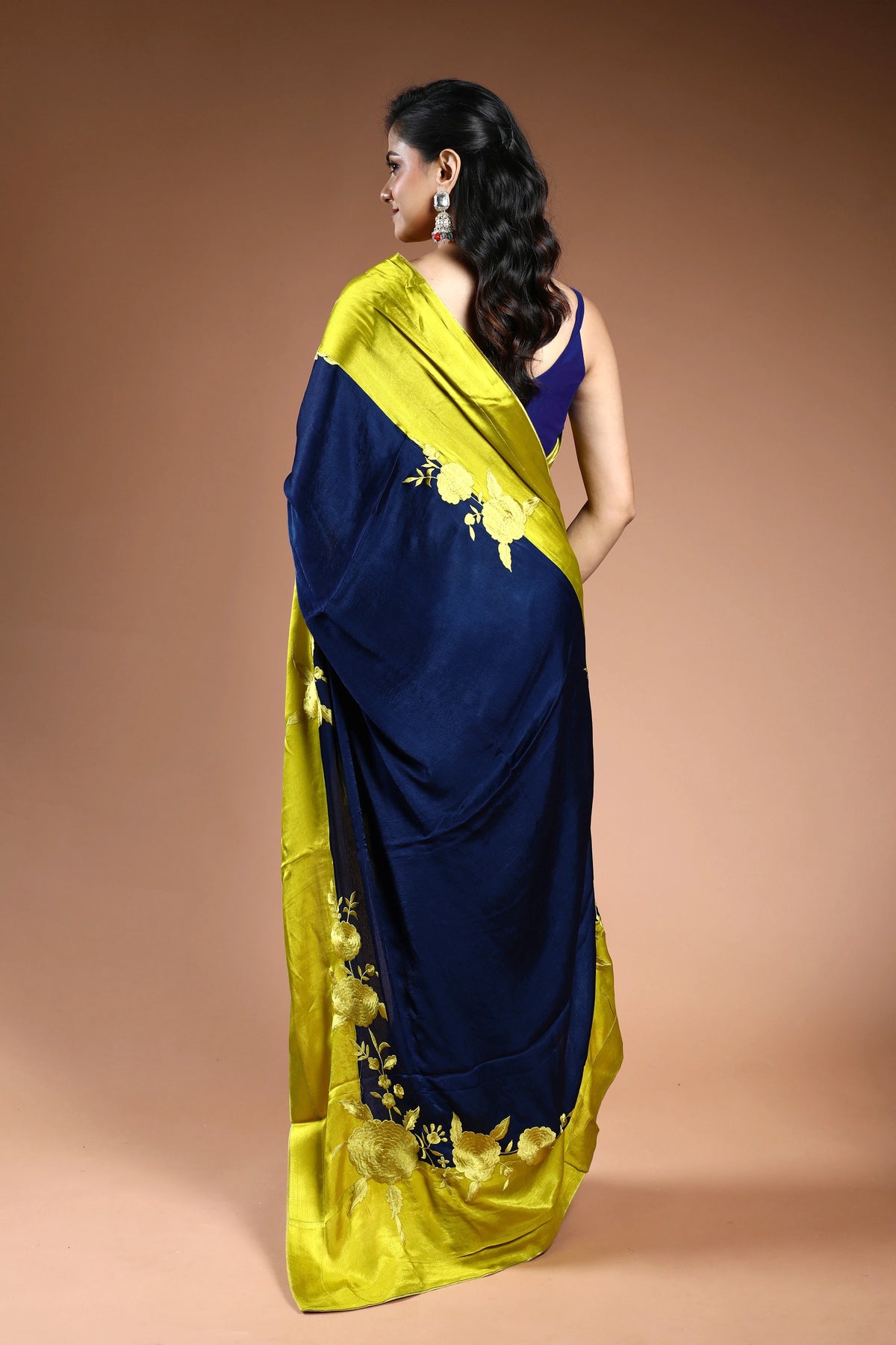 Royal Blue Crepe Satin Saree with Blouse Piece