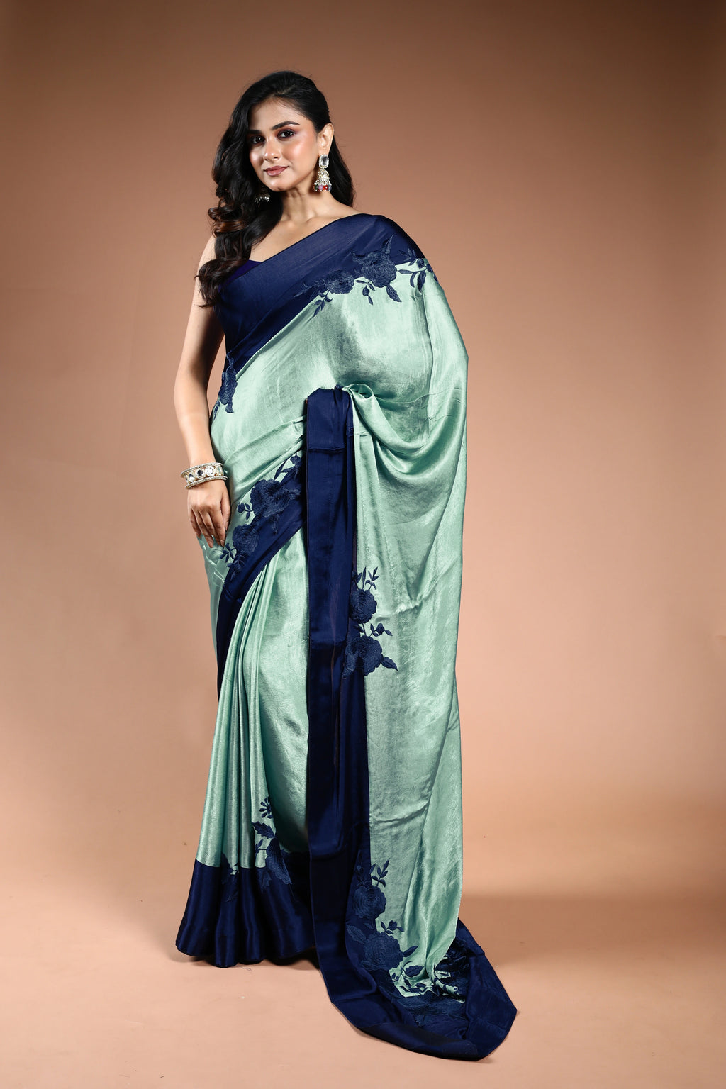 Tarquise Blue Crepe satin Saree with Blouse Piece