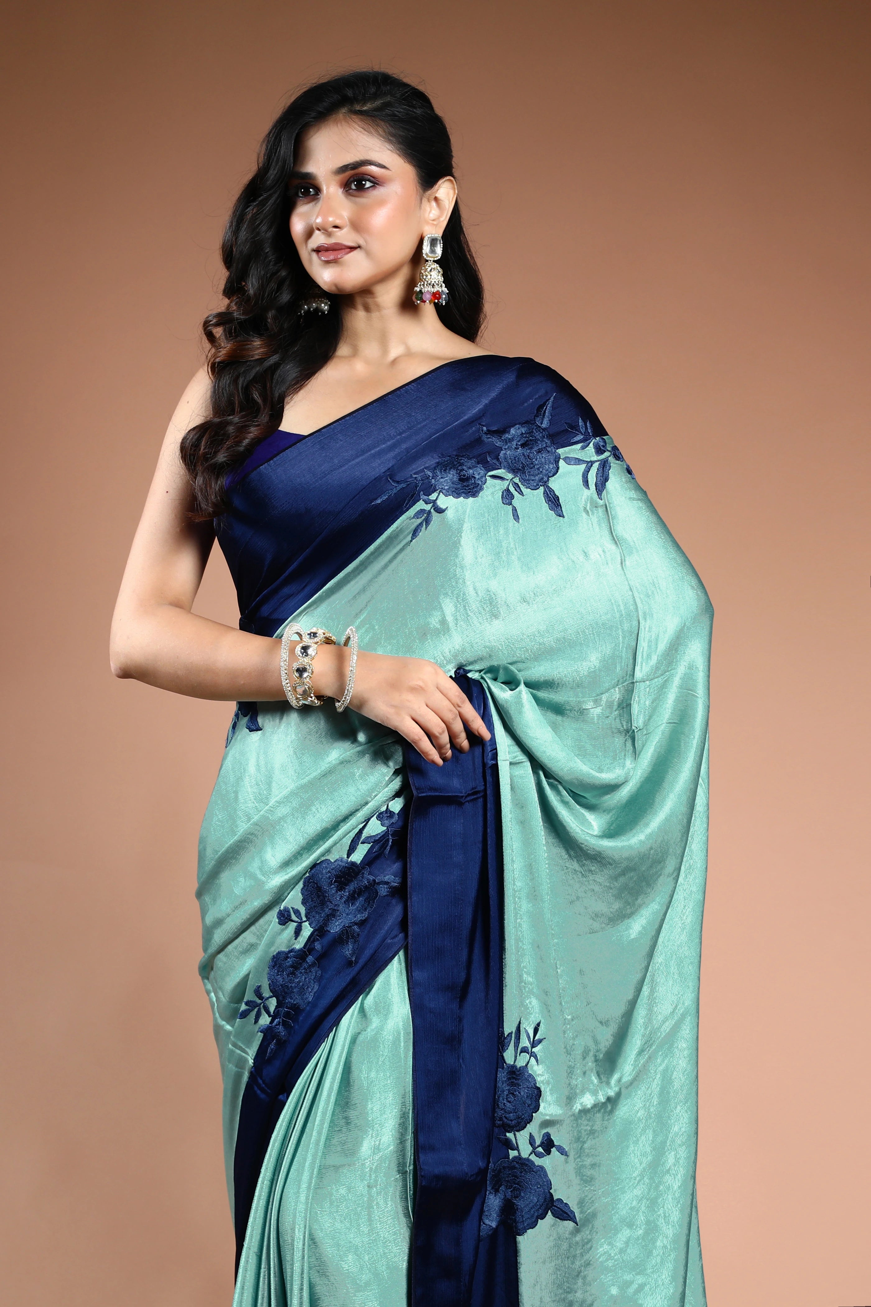 Tarquise Blue Crepe satin Saree with Blouse Piece