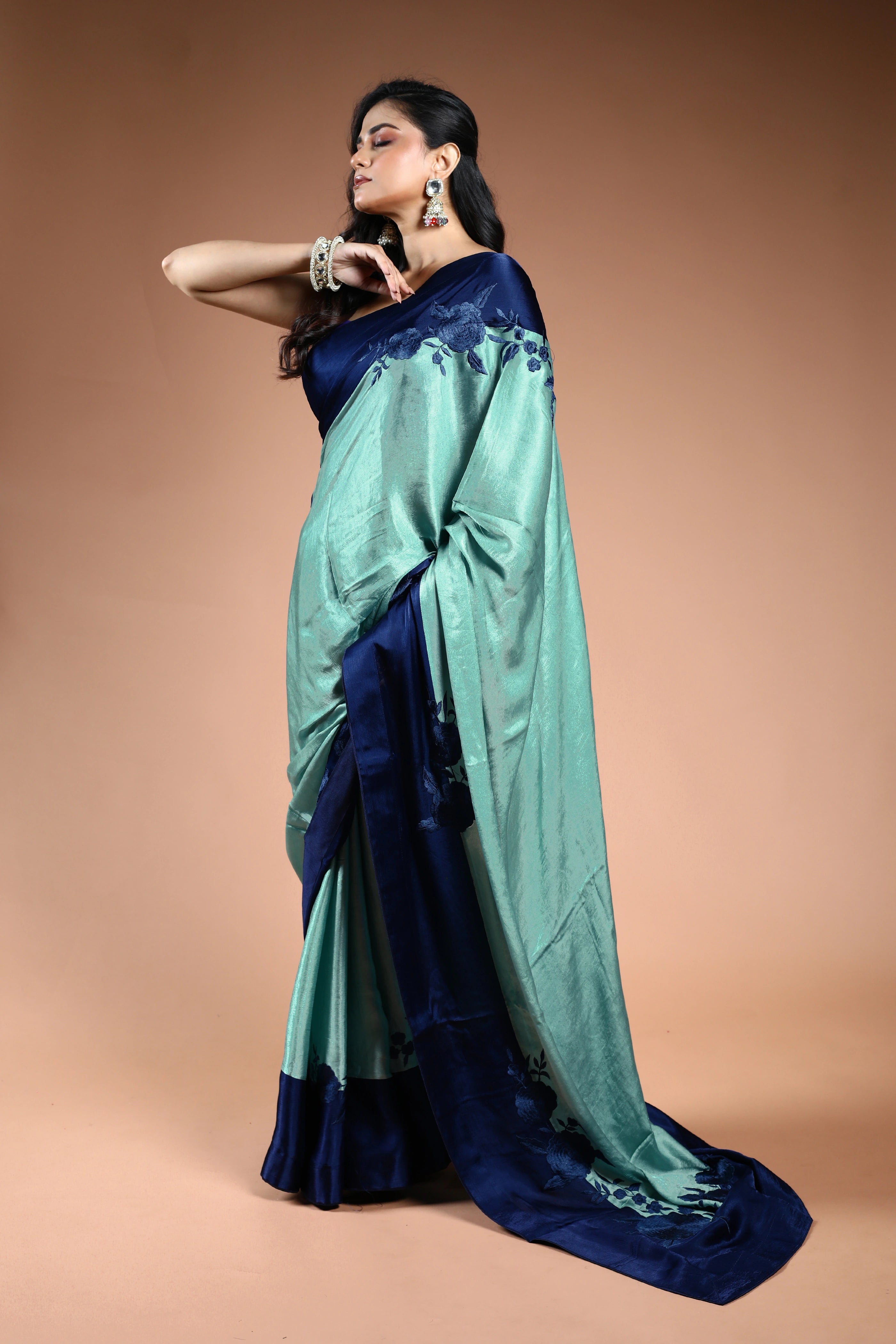 Tarquise Blue Crepe satin Saree with Blouse Piece