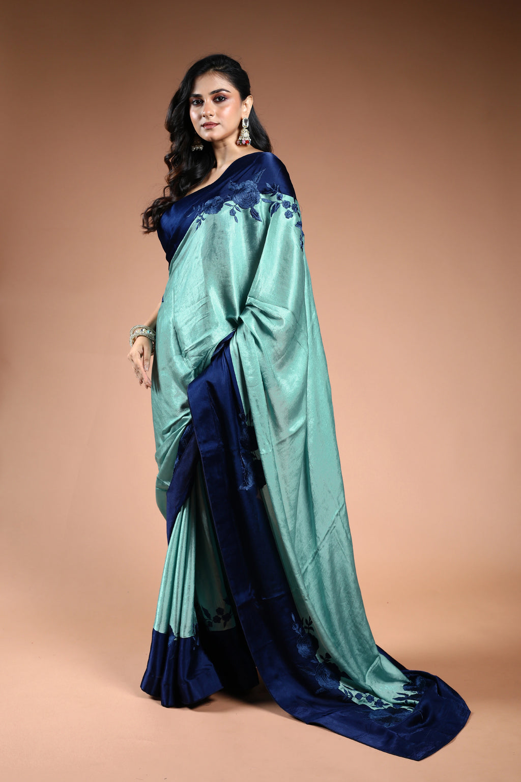 Tarquise Blue Crepe satin Saree with Blouse Piece