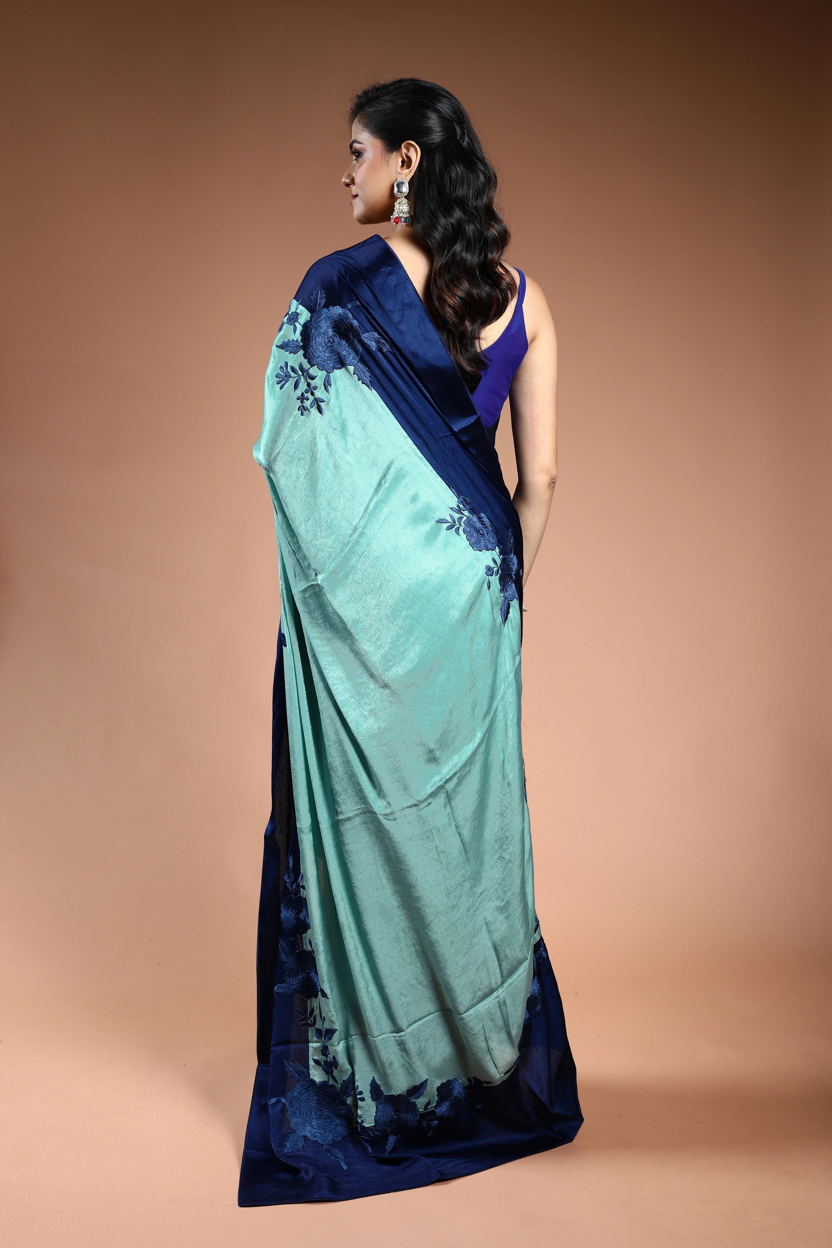 Tarquise Blue Crepe satin Saree with Blouse Piece