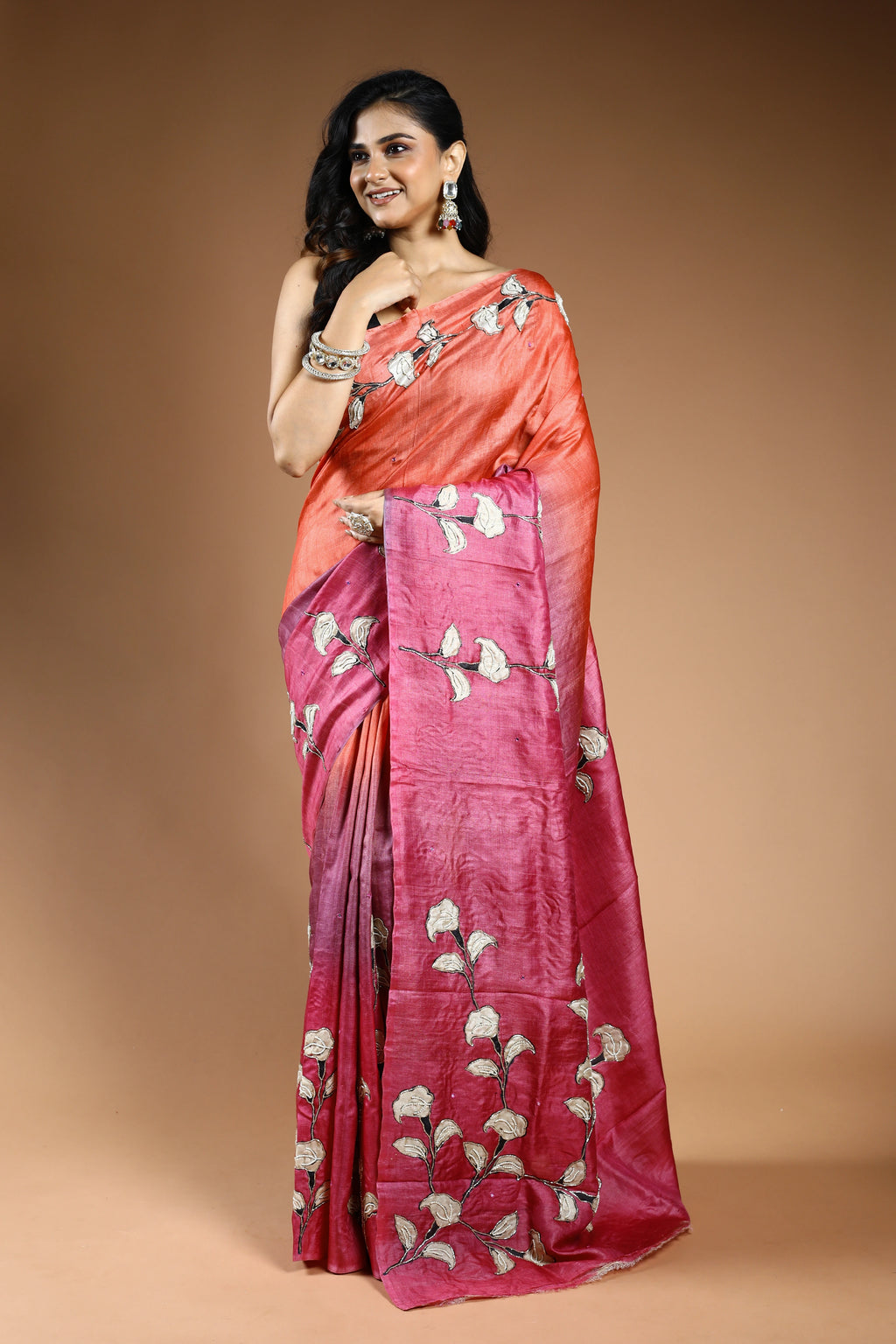 Peach & Magenda Pure Tussar Saree with Blouse Piece