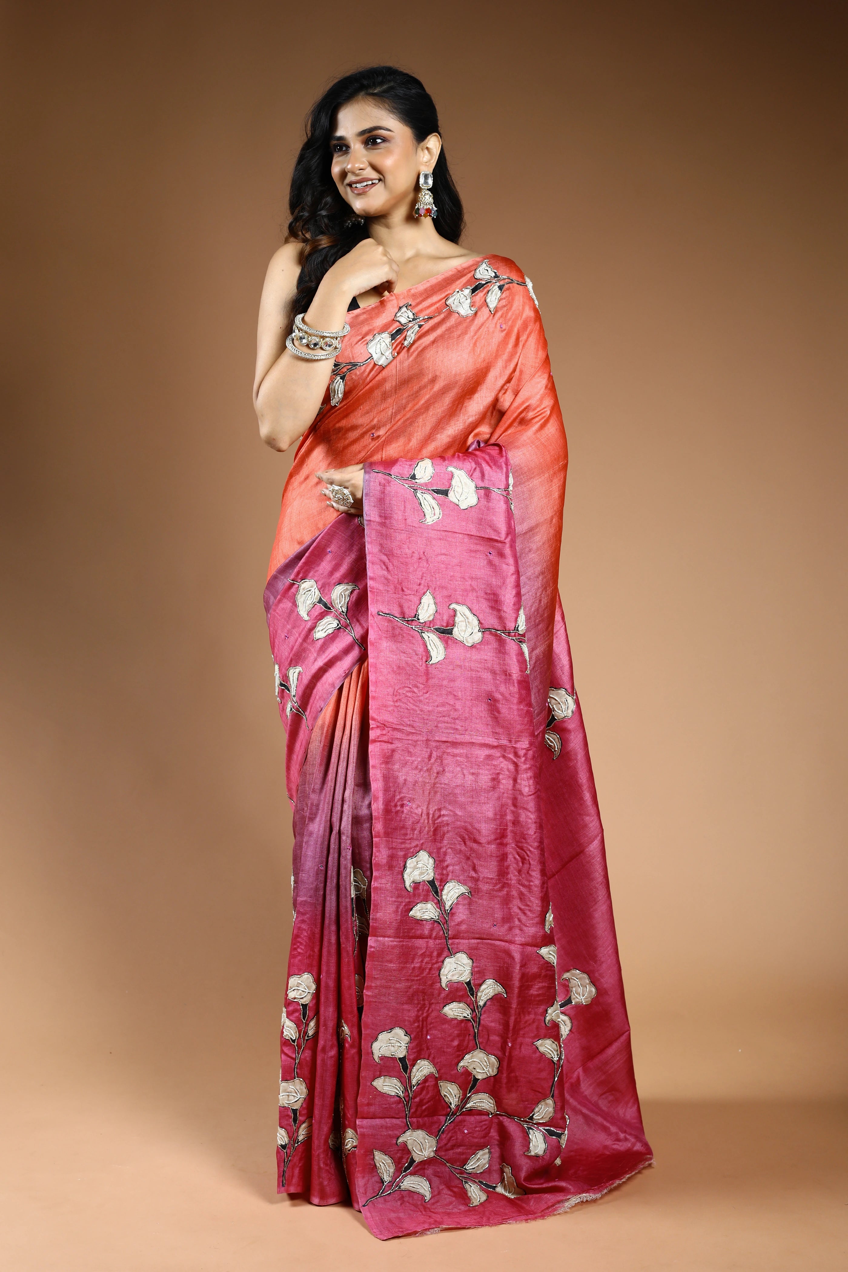 Peach & Magenda Pure Tussar Saree with Blouse Piece