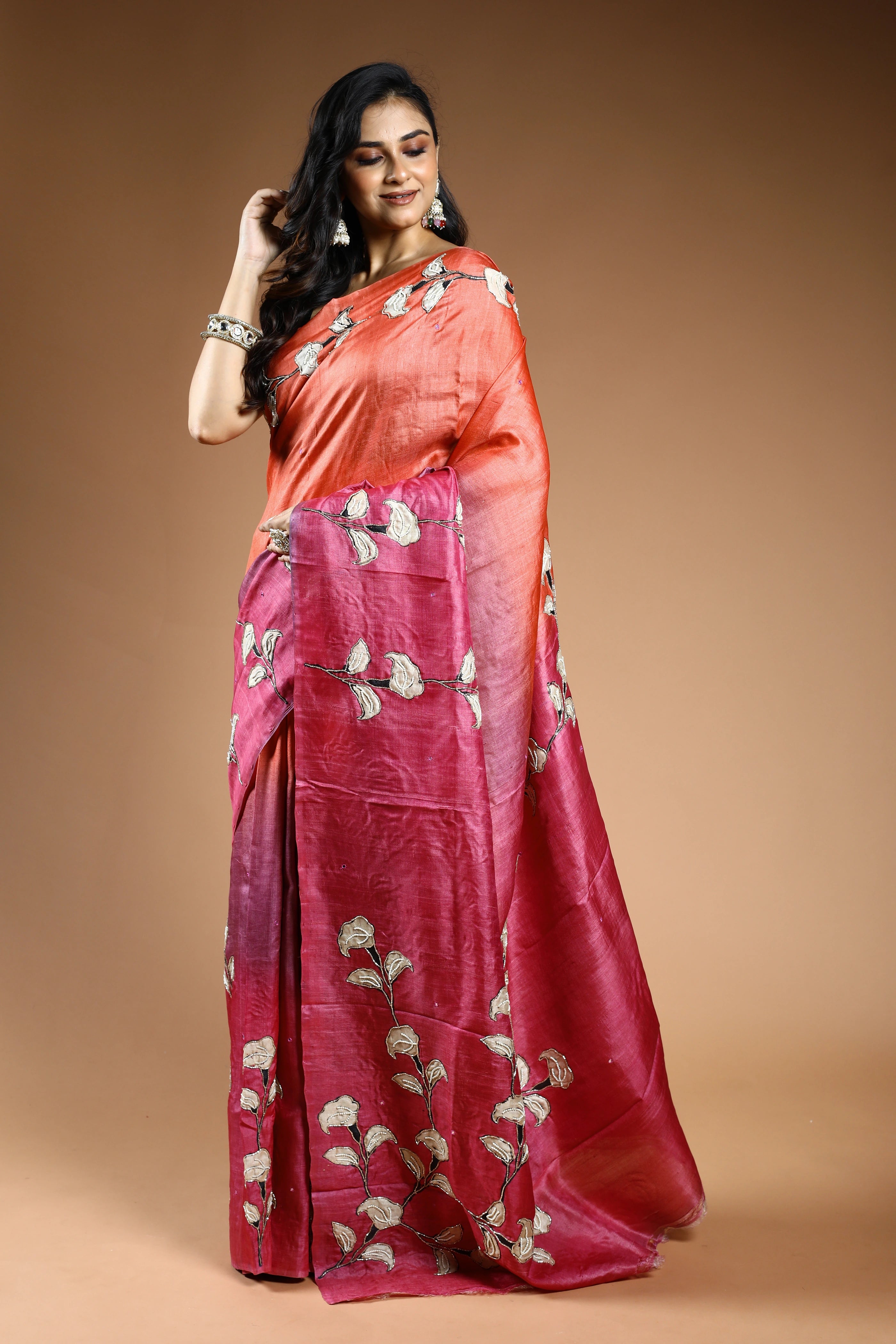 Peach & Magenda Pure Tussar Saree with Blouse Piece