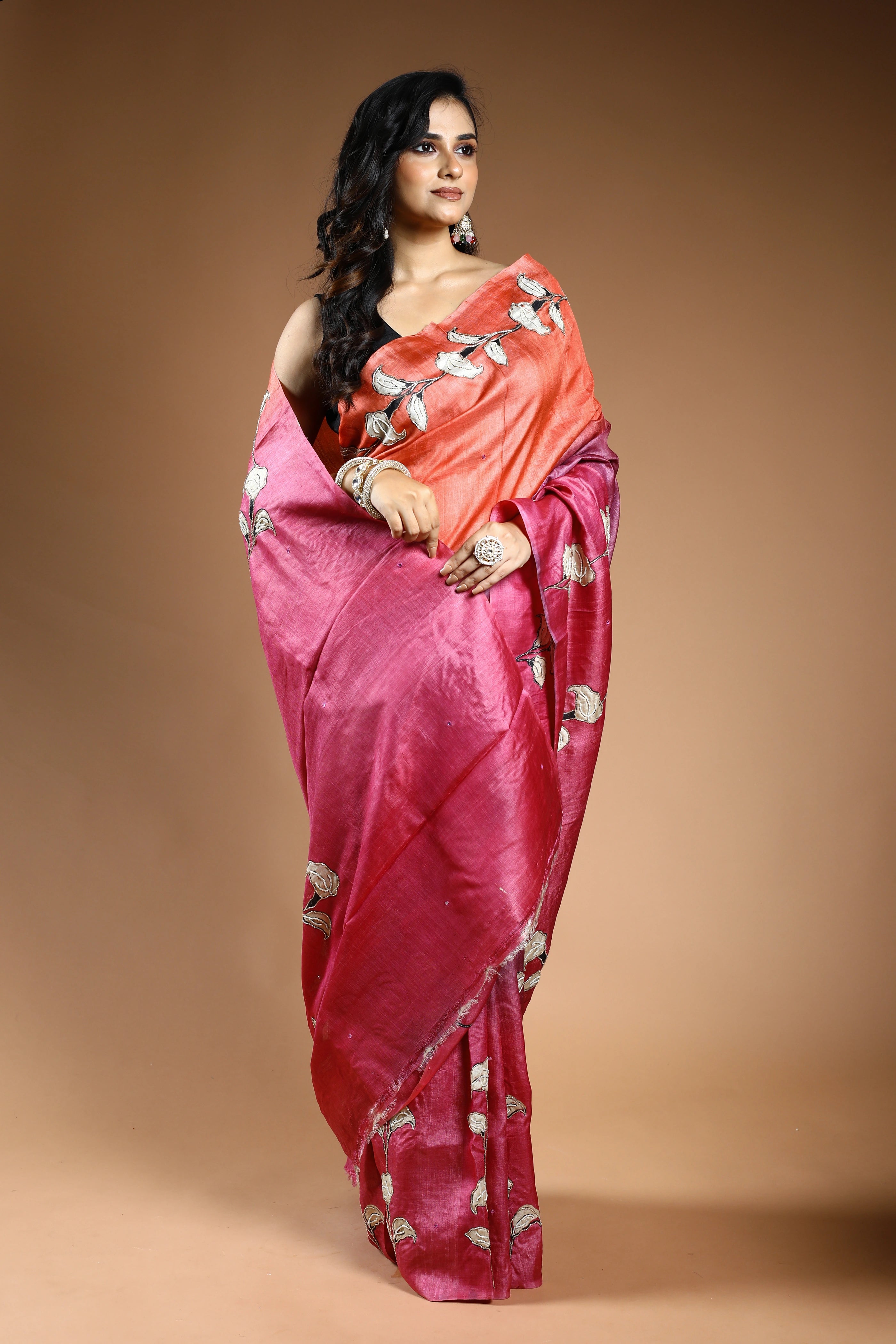 Peach & Magenda Pure Tussar Saree with Blouse Piece