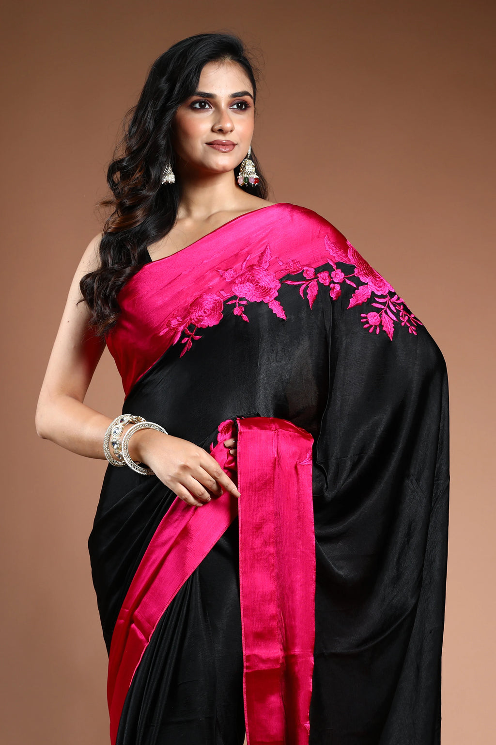 Black Crepe Satin Saree with Blouse Piece