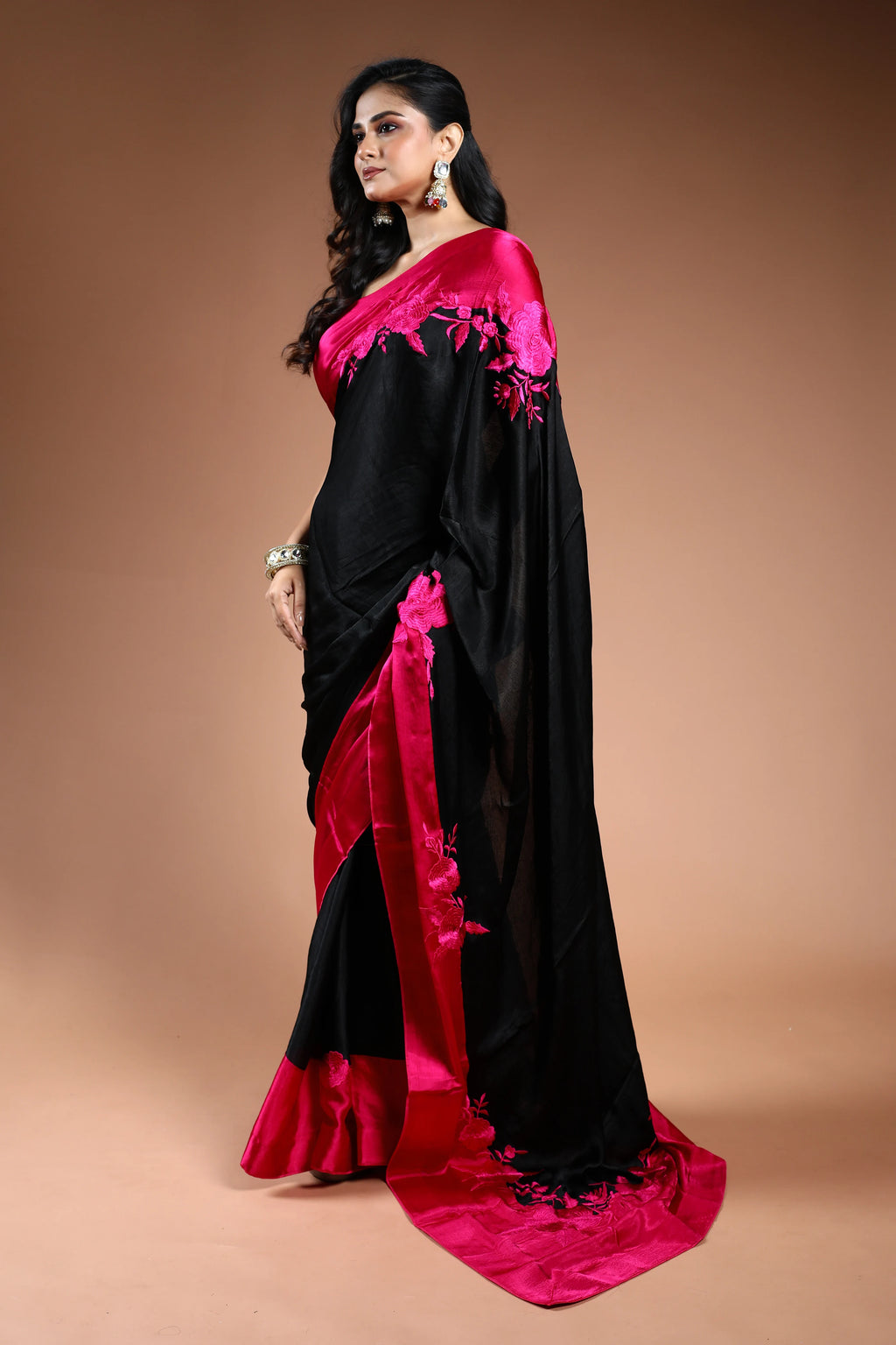 Black Crepe Satin Saree with Blouse Piece