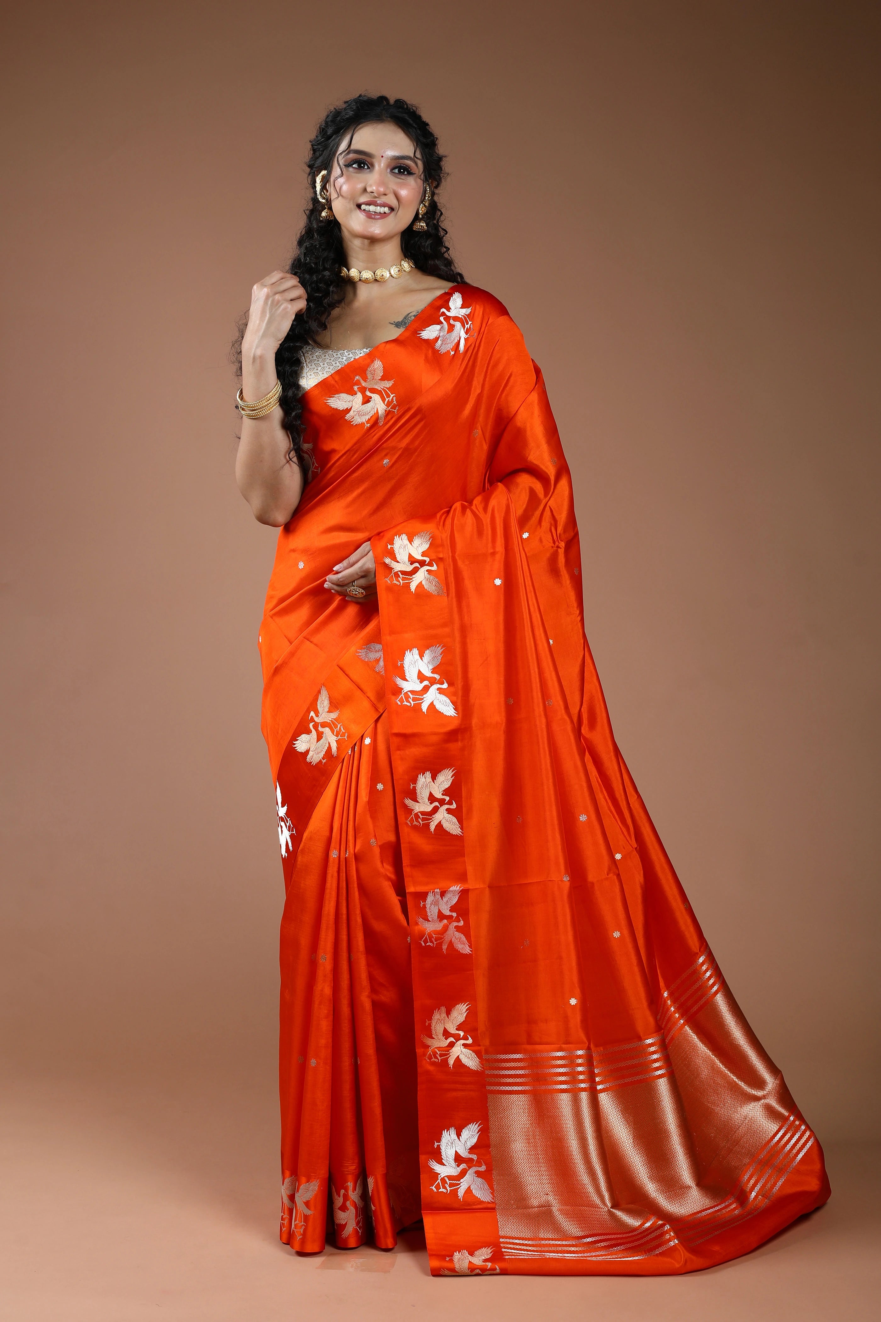 Orange Pure Mango Silk Saree With Blouse Piece
