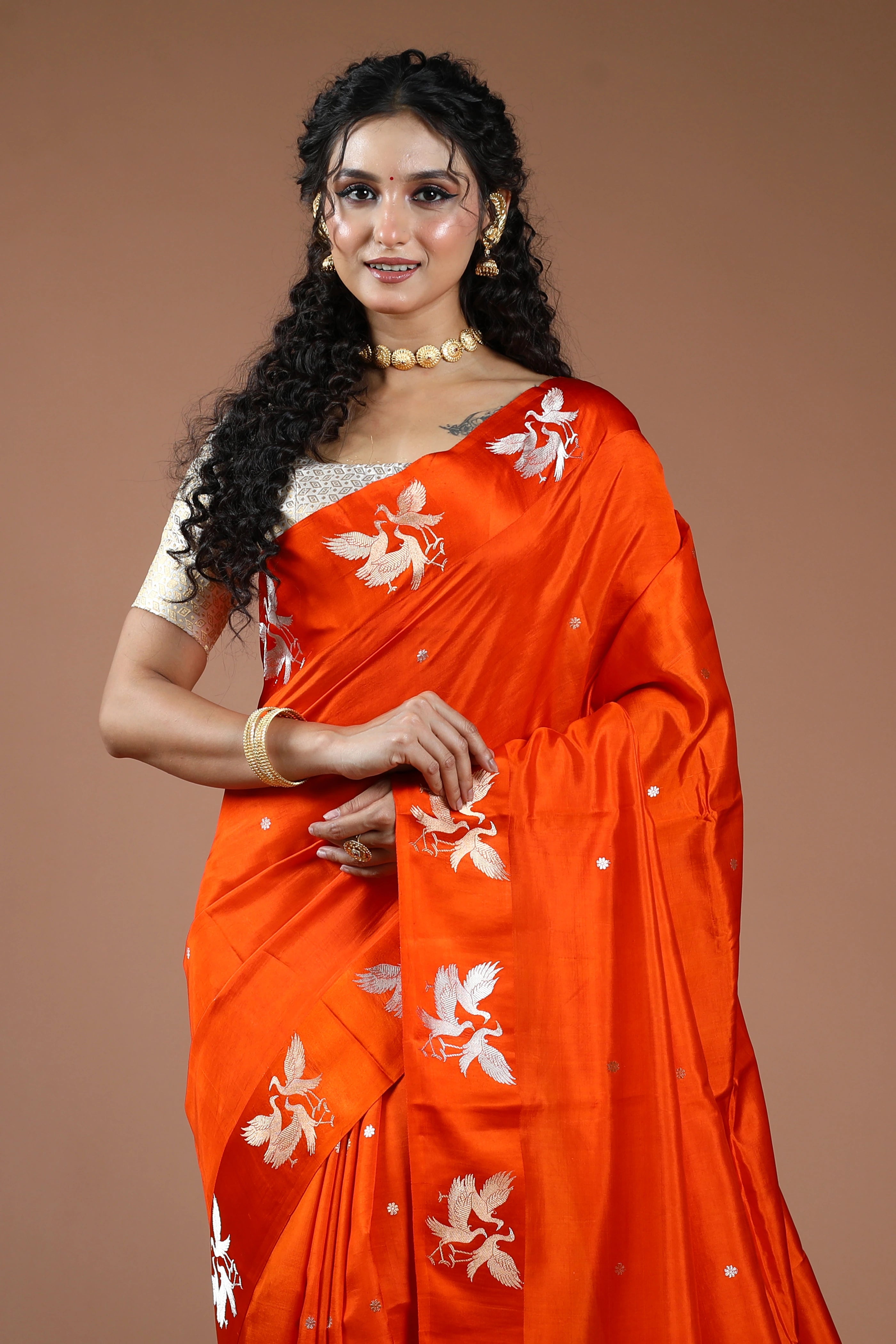 Orange Pure Mango Silk Saree With Blouse Piece