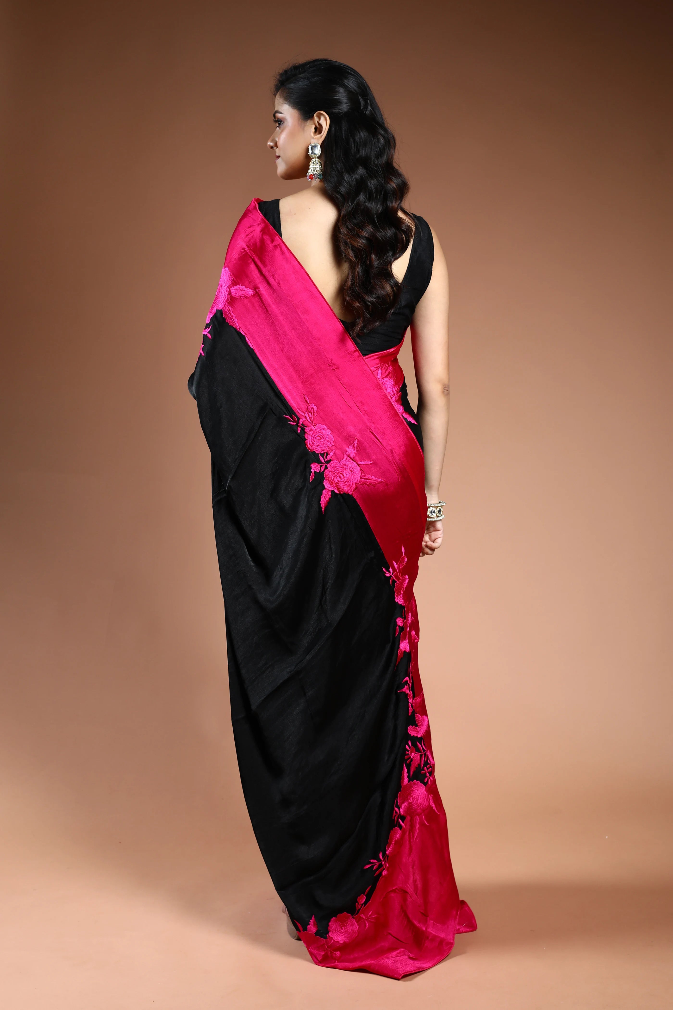 Black Crepe Satin Saree with Blouse Piece