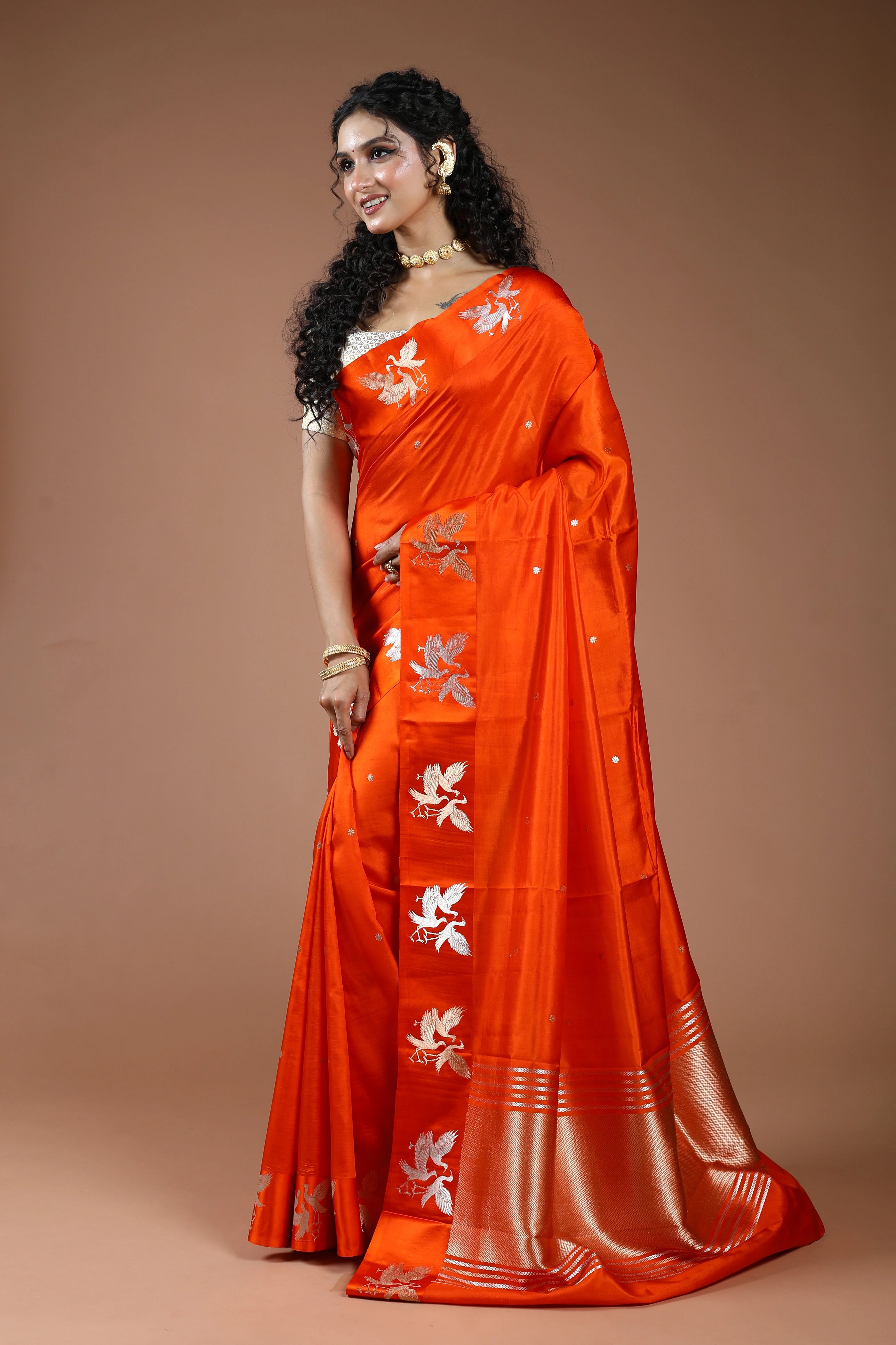 Orange Pure Mango Silk Saree With Blouse Piece