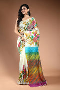 White Murshidabad Silk Katha work Saree with Blouse Piece