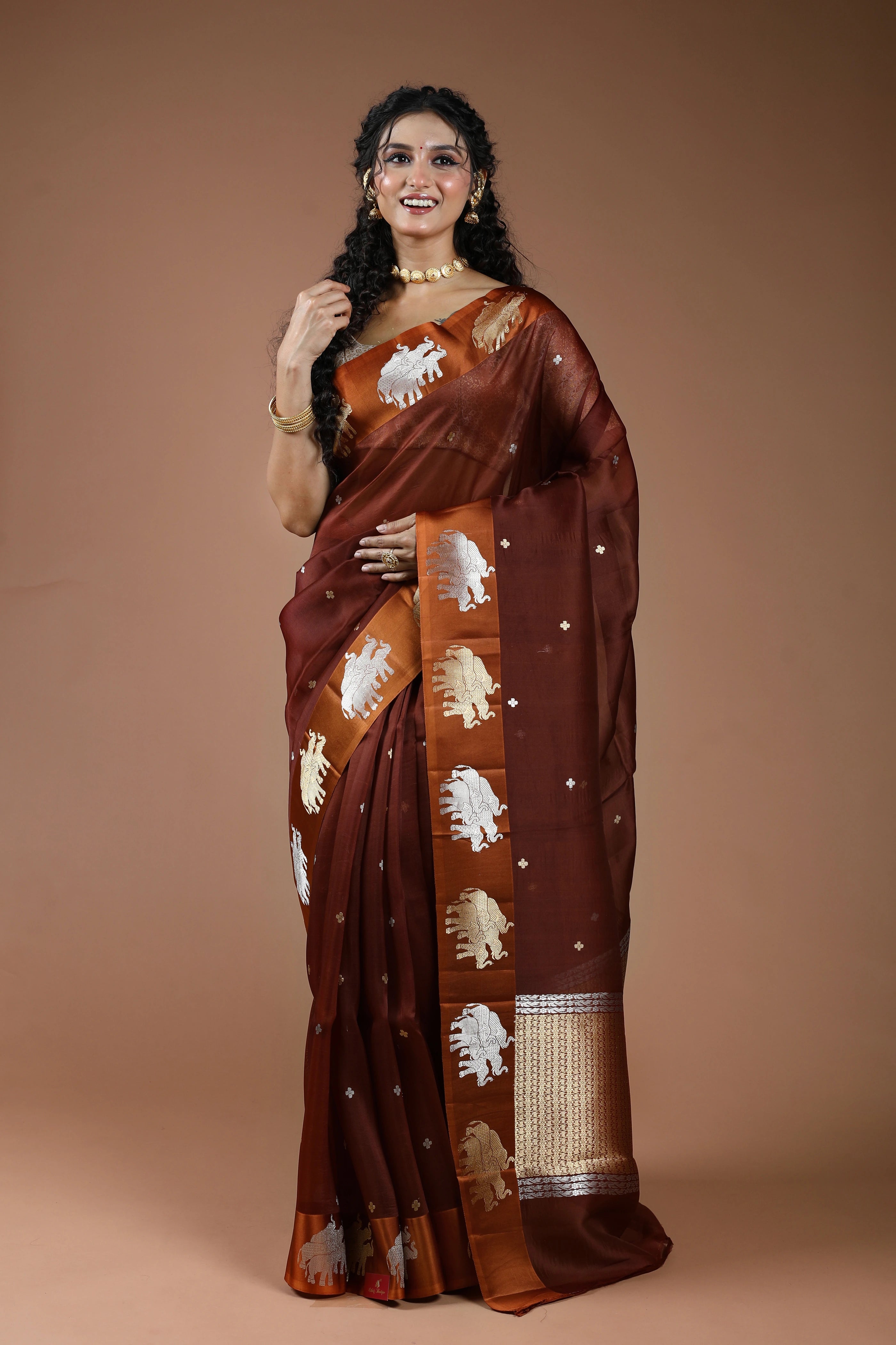 Chocolate Pure Kora Banarasi With Satin Border Saree With Blouse Piece