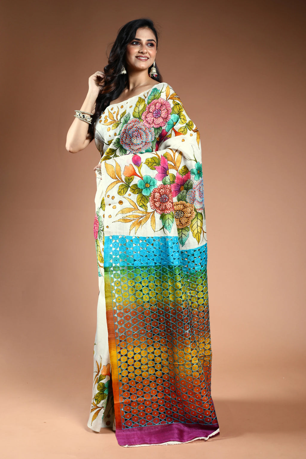 White Murshidabad Silk Katha work Saree with Blouse Piece