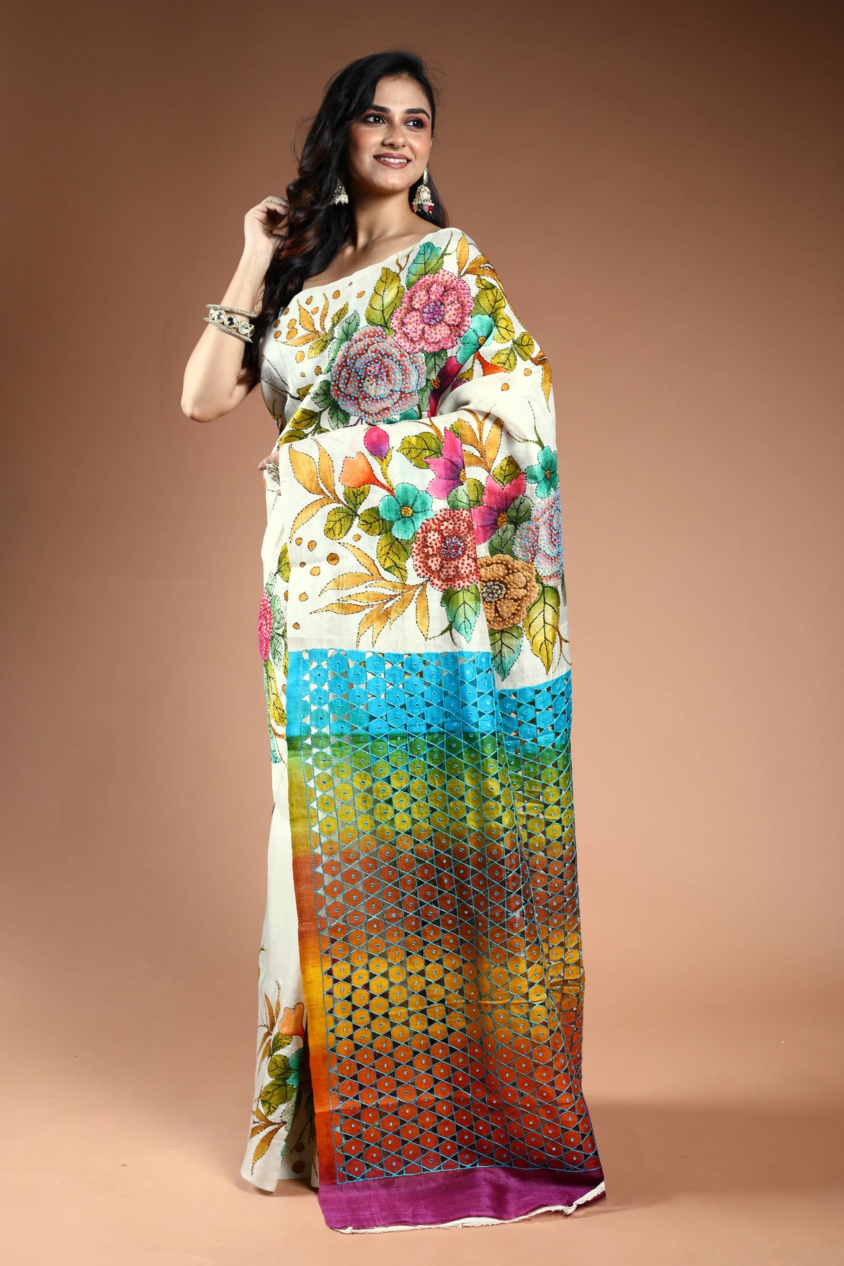 White Murshidabad Silk Katha work Saree with Blouse Piece