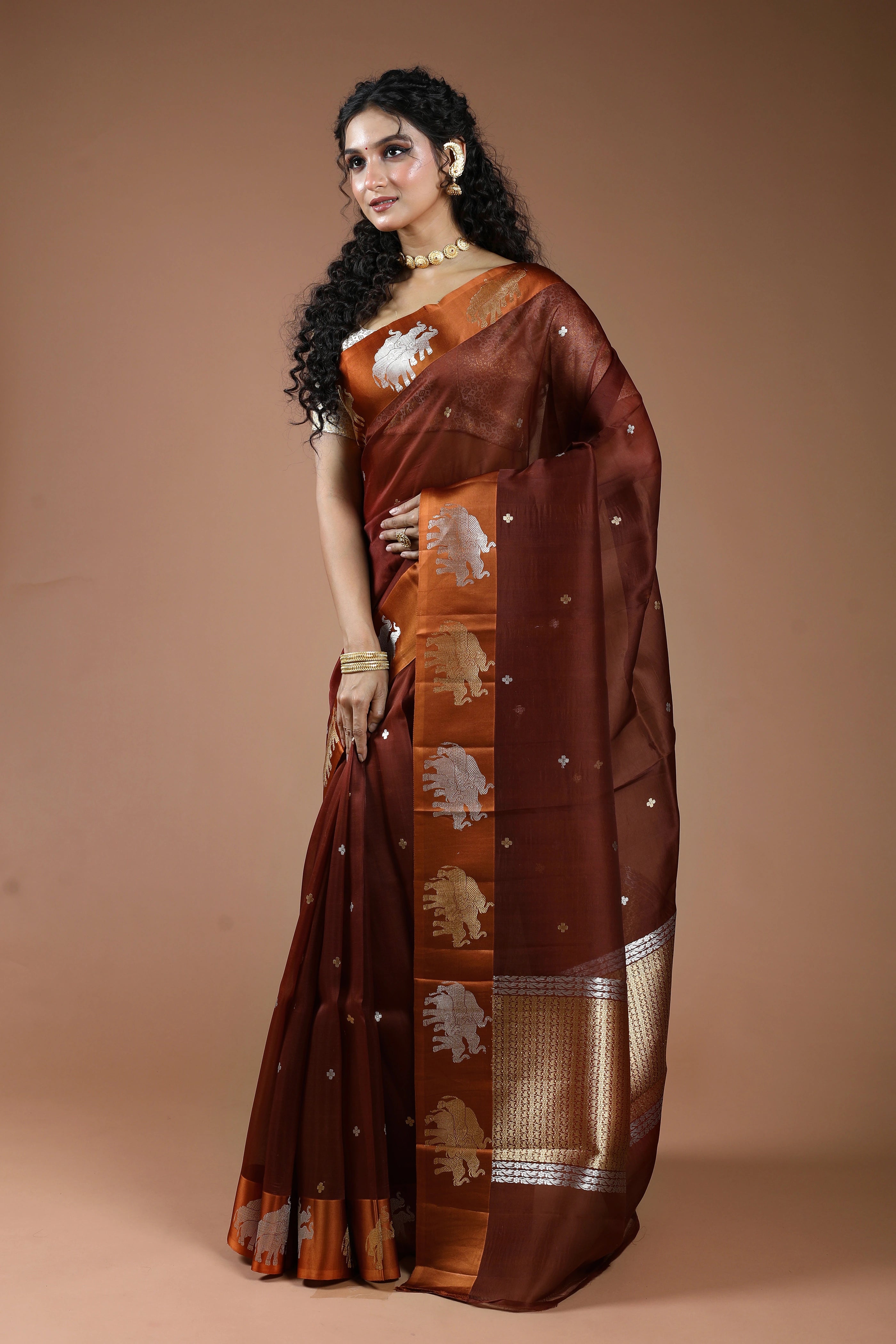 Chocolate Pure Kora Banarasi With Satin Border Saree With Blouse Piece