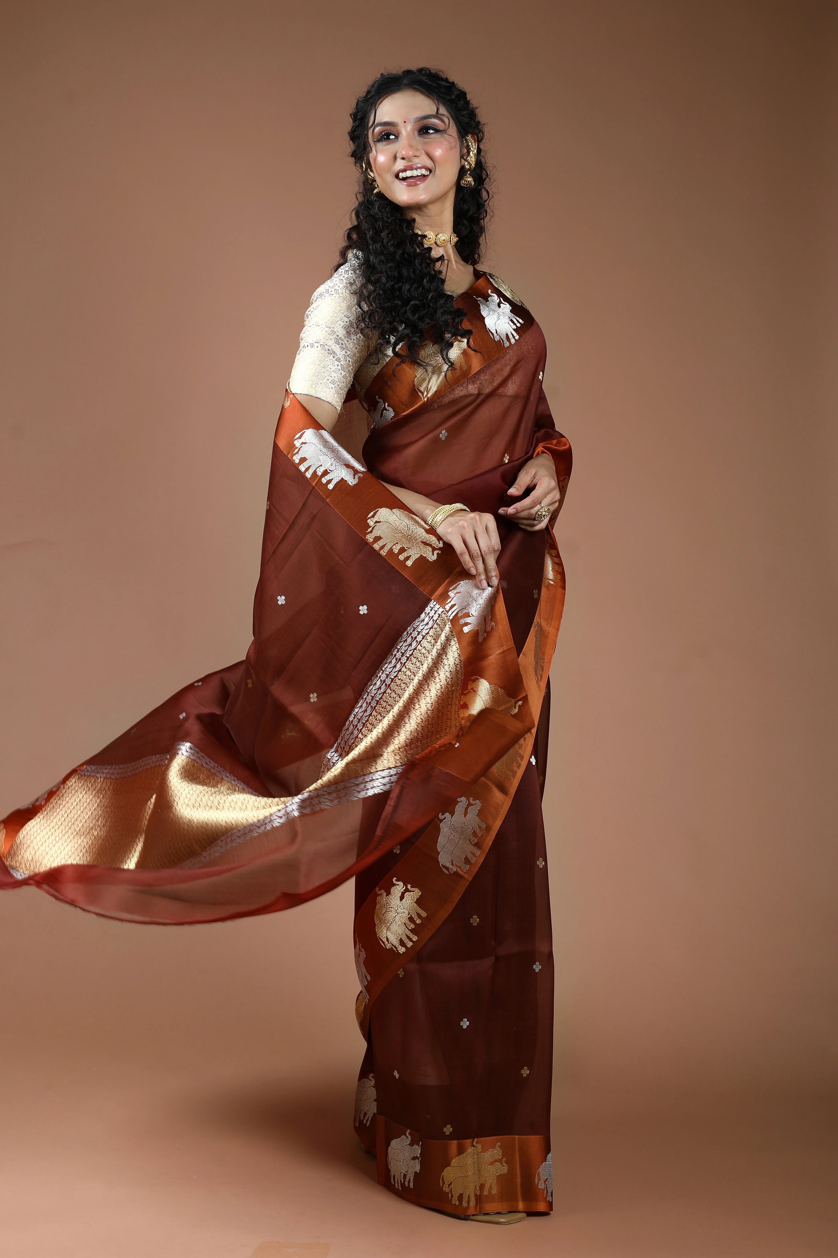 Chocolate Pure Kora Banarasi With Satin Border Saree With Blouse Piece