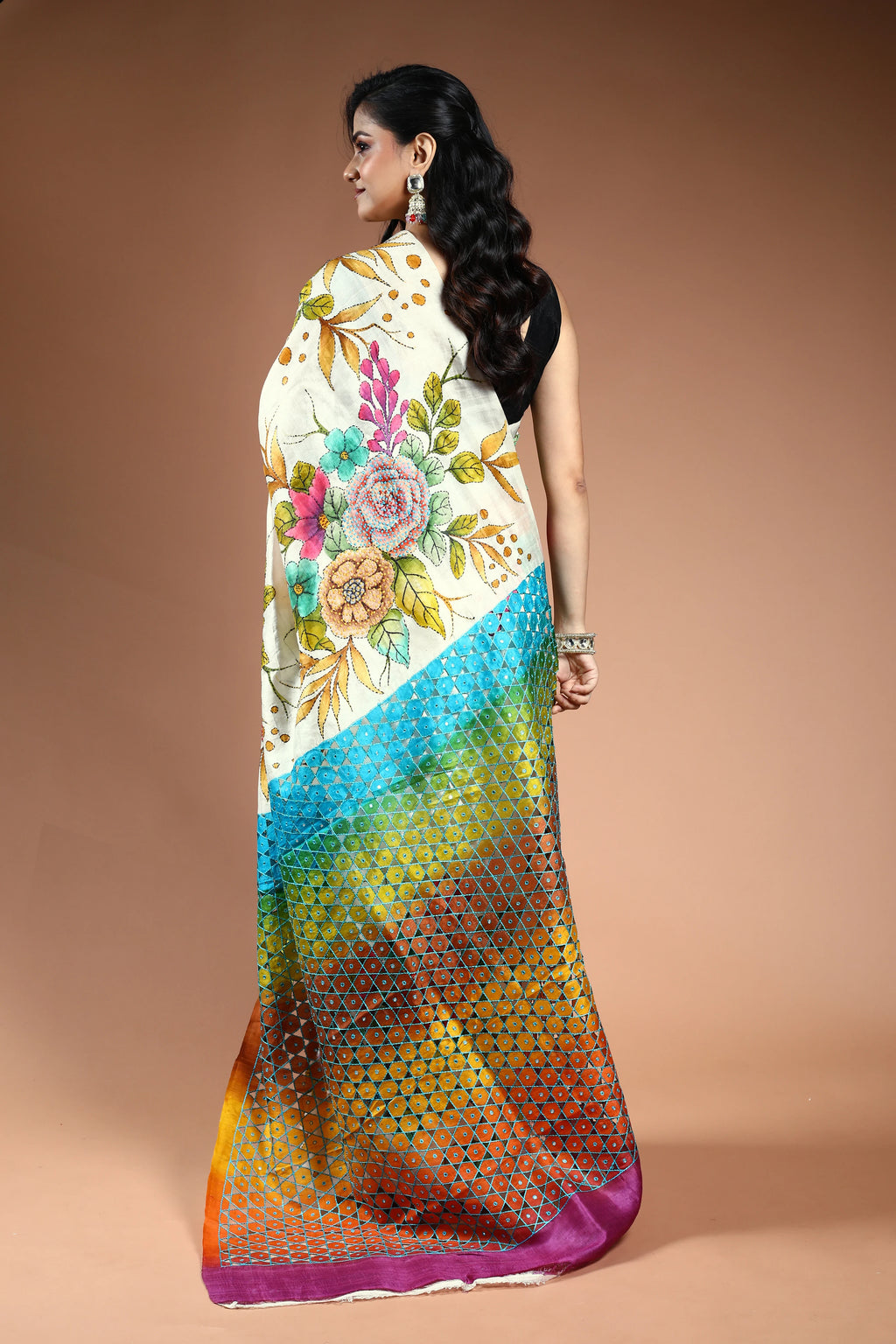 White Murshidabad Silk Katha work Saree with Blouse Piece