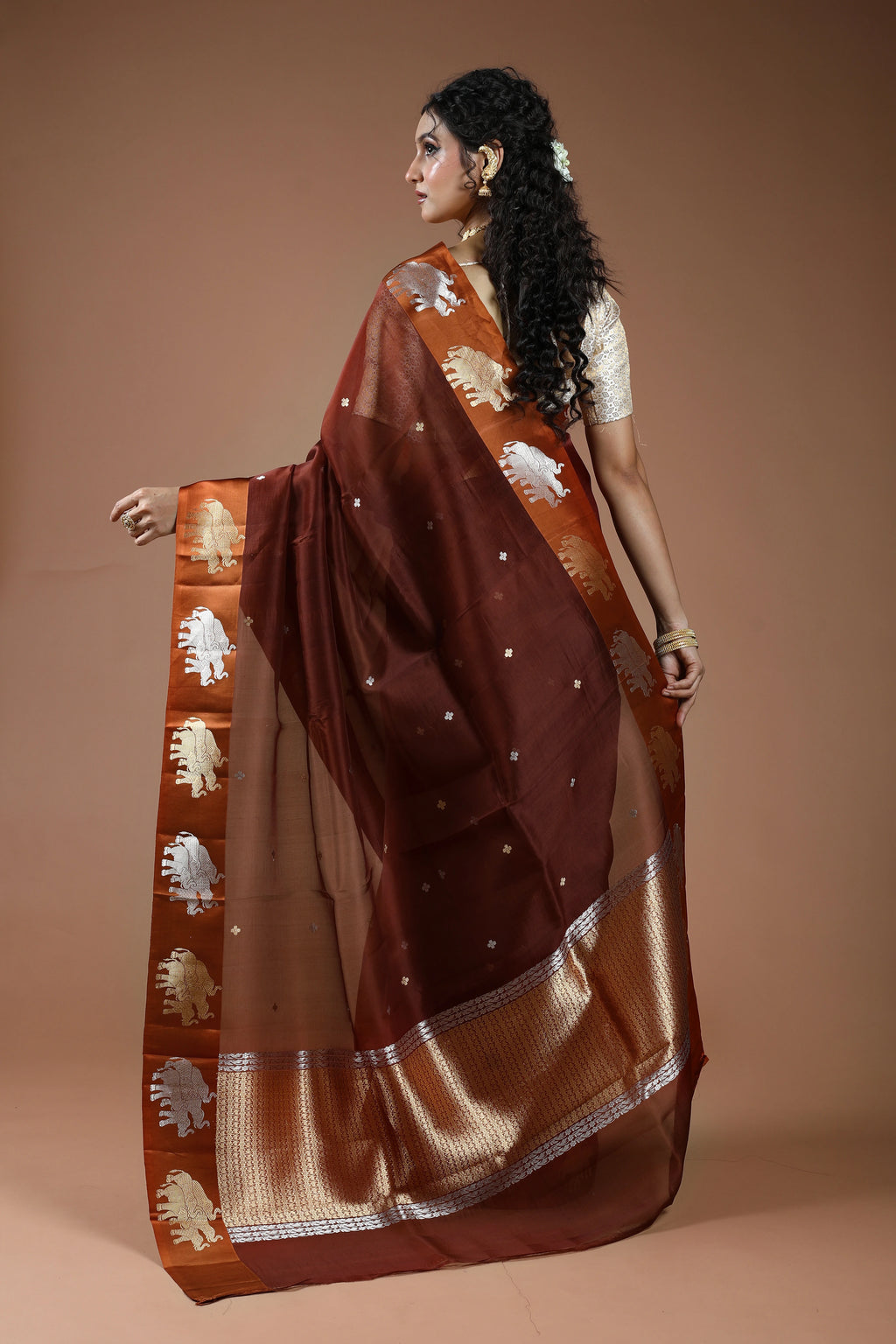 Chocolate Pure Kora Banarasi With Satin Border Saree With Blouse Piece