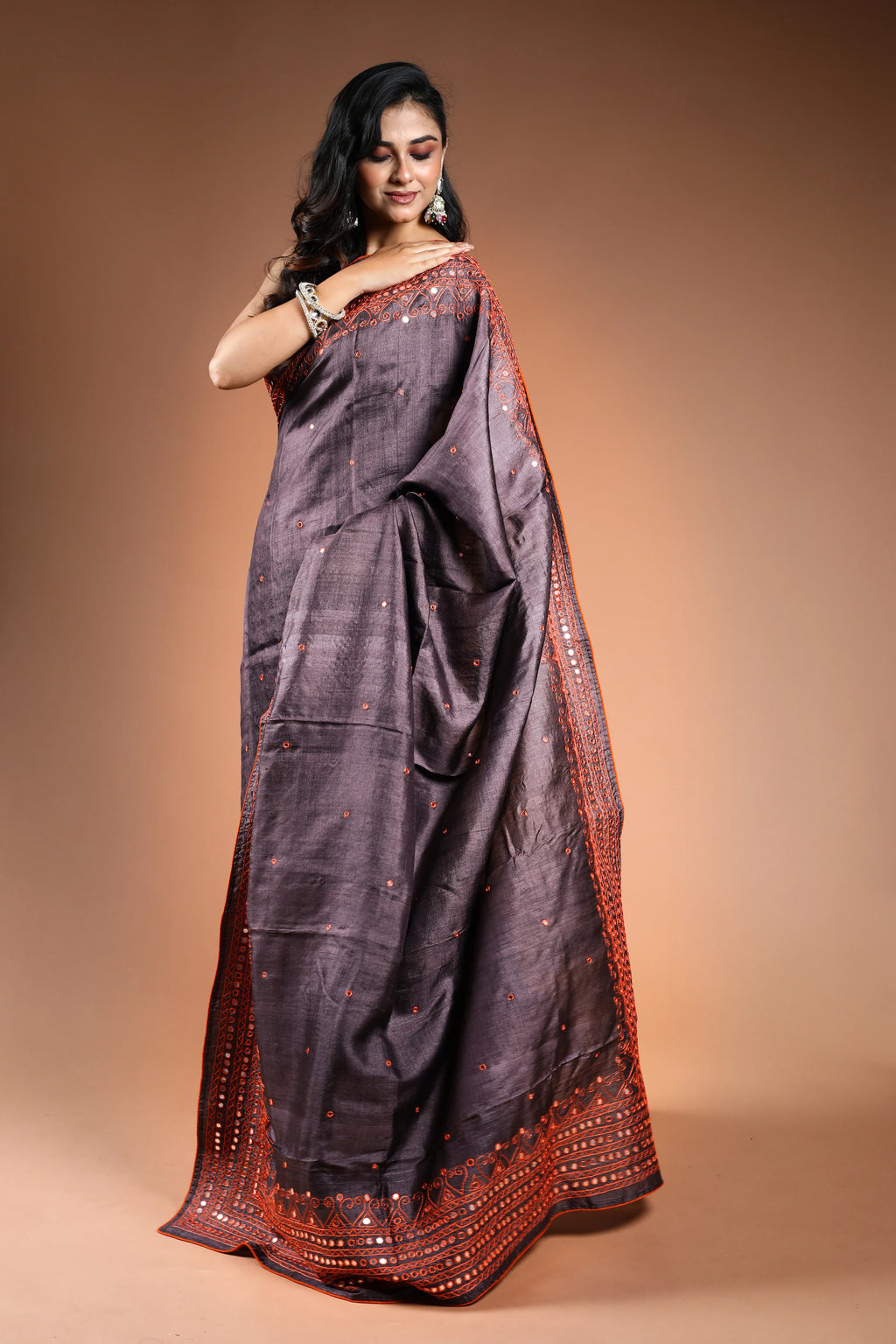 Charcoal Grey Pure Tussar Saree with Blouse Piece