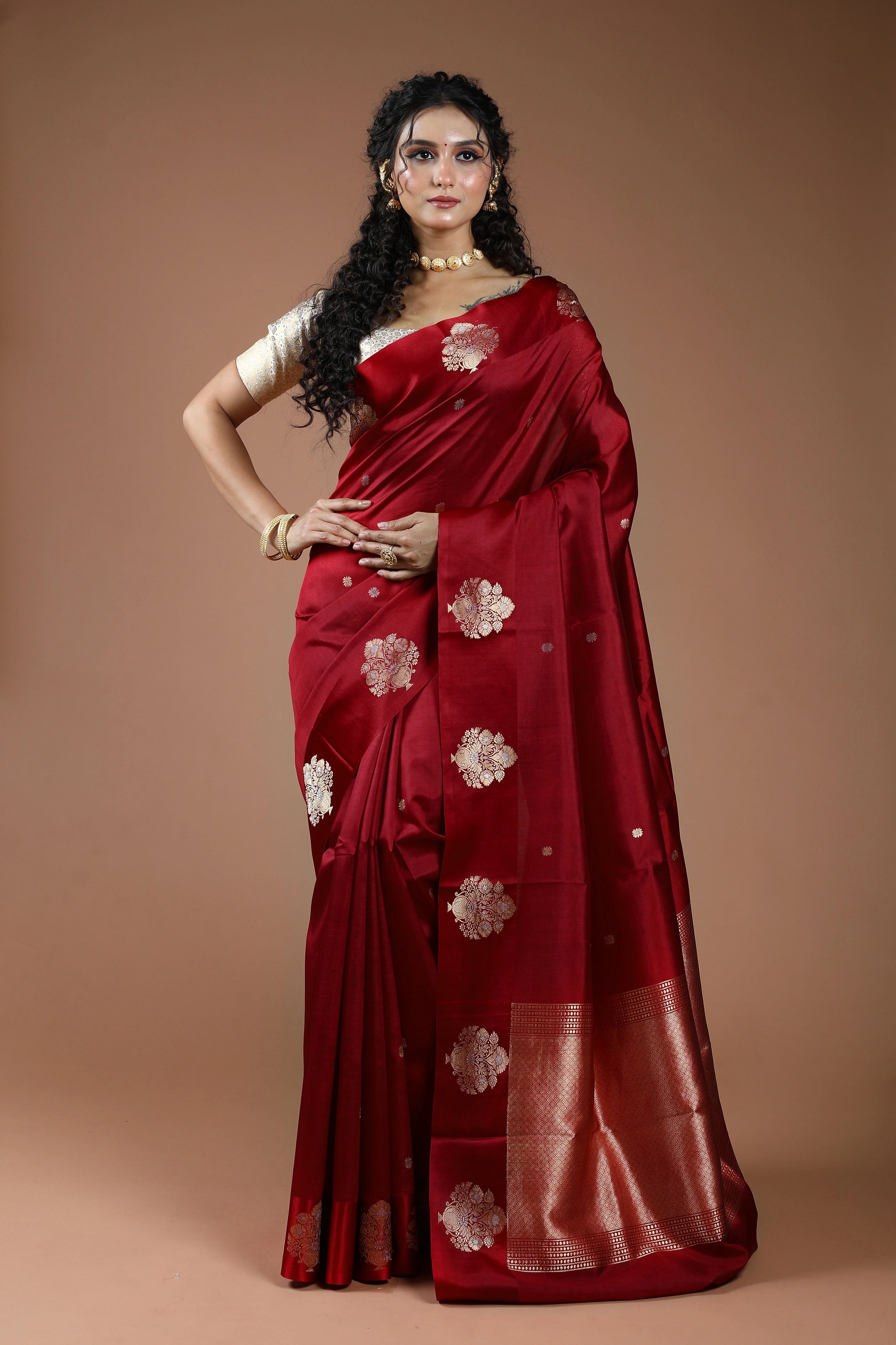 Dark Red Pure Mango Silk Saree With Blouse Piece