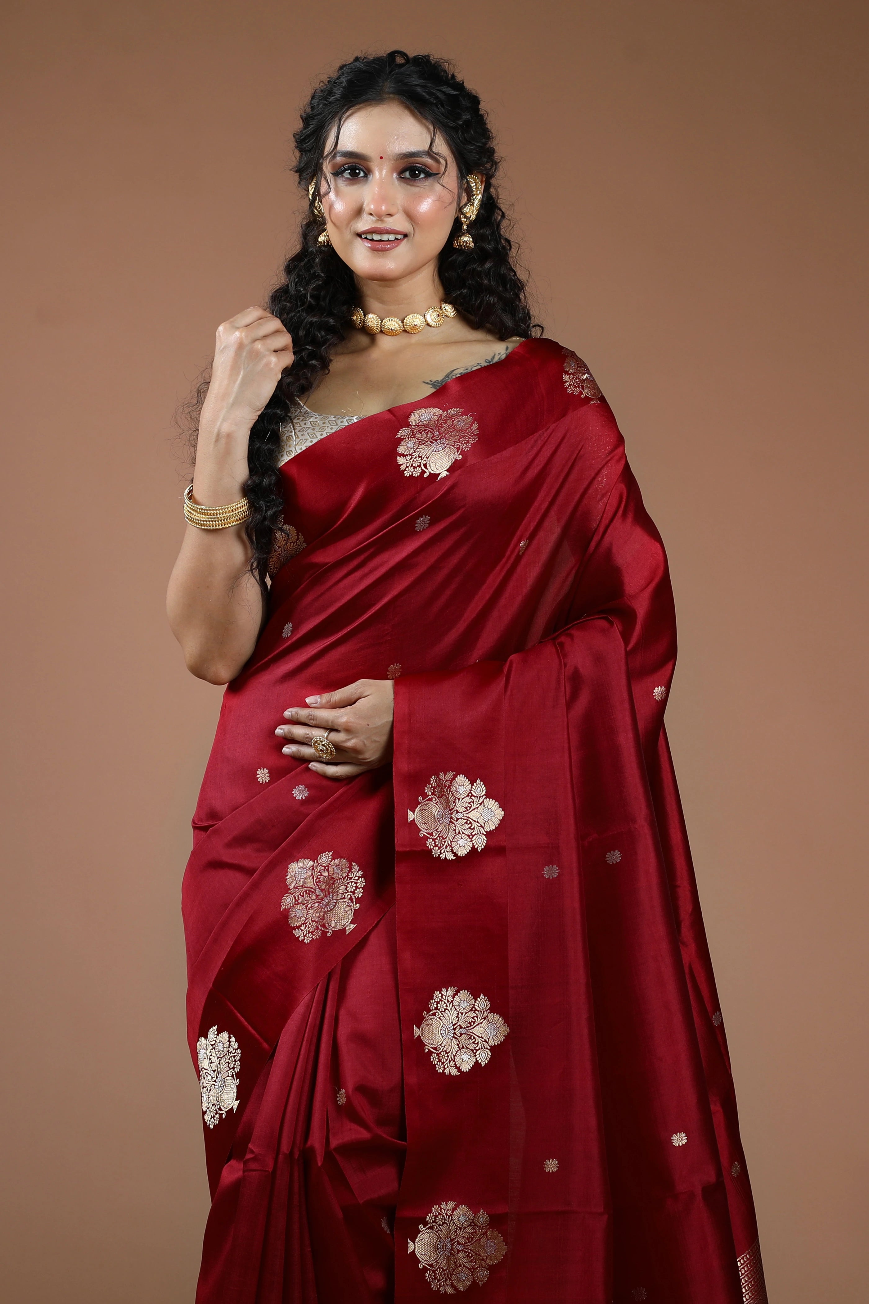 Dark Red Pure Mango Silk Saree With Blouse Piece