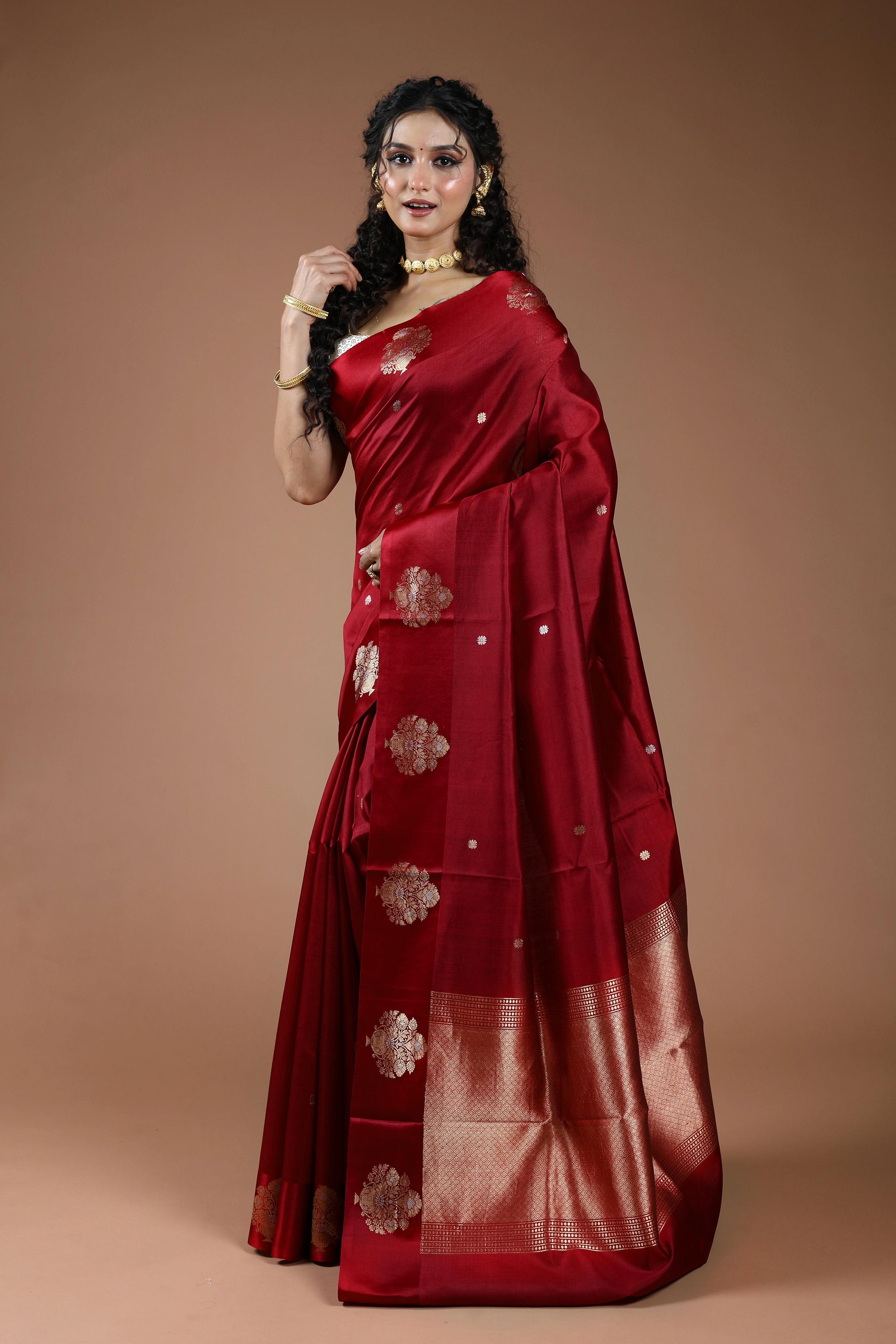 Dark Red Pure Mango Silk Saree With Blouse Piece