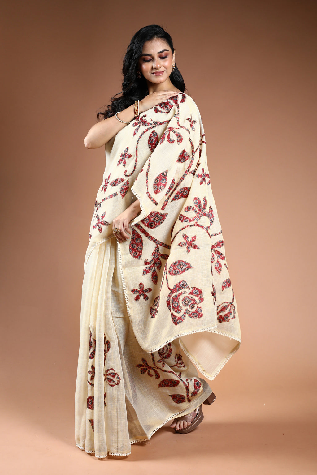 Offwhite Cotton linen Saree with Blouse Piece