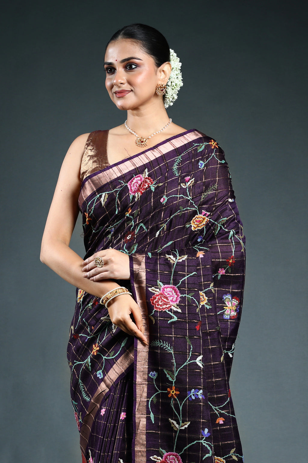Purple Semi Tussar embroidery Saree with Blouse Piece